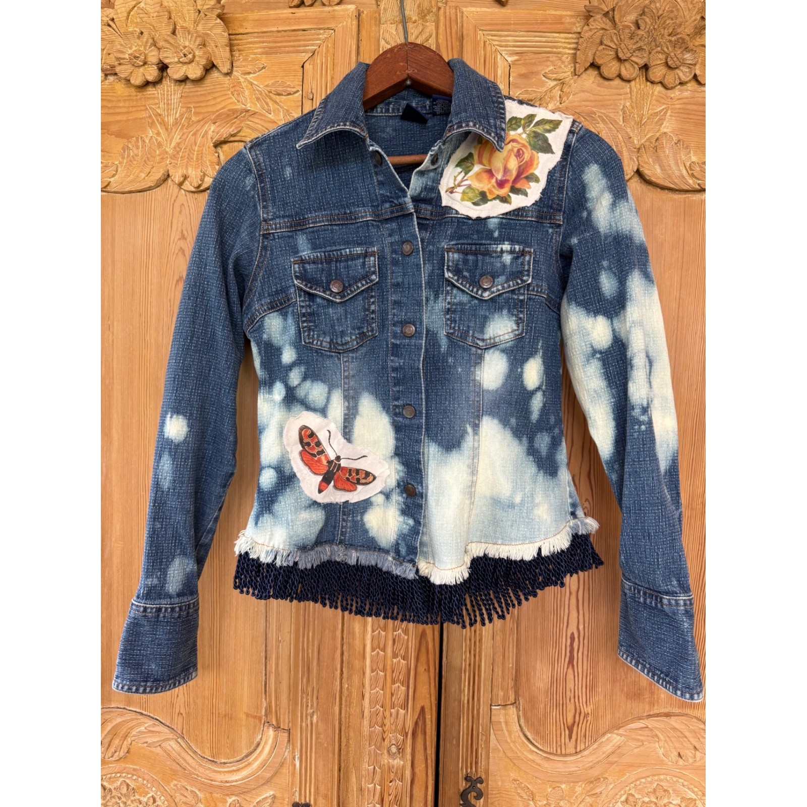 Upcycled Butterfly Jean Jacket | Bleached Fringe Denim | Size S