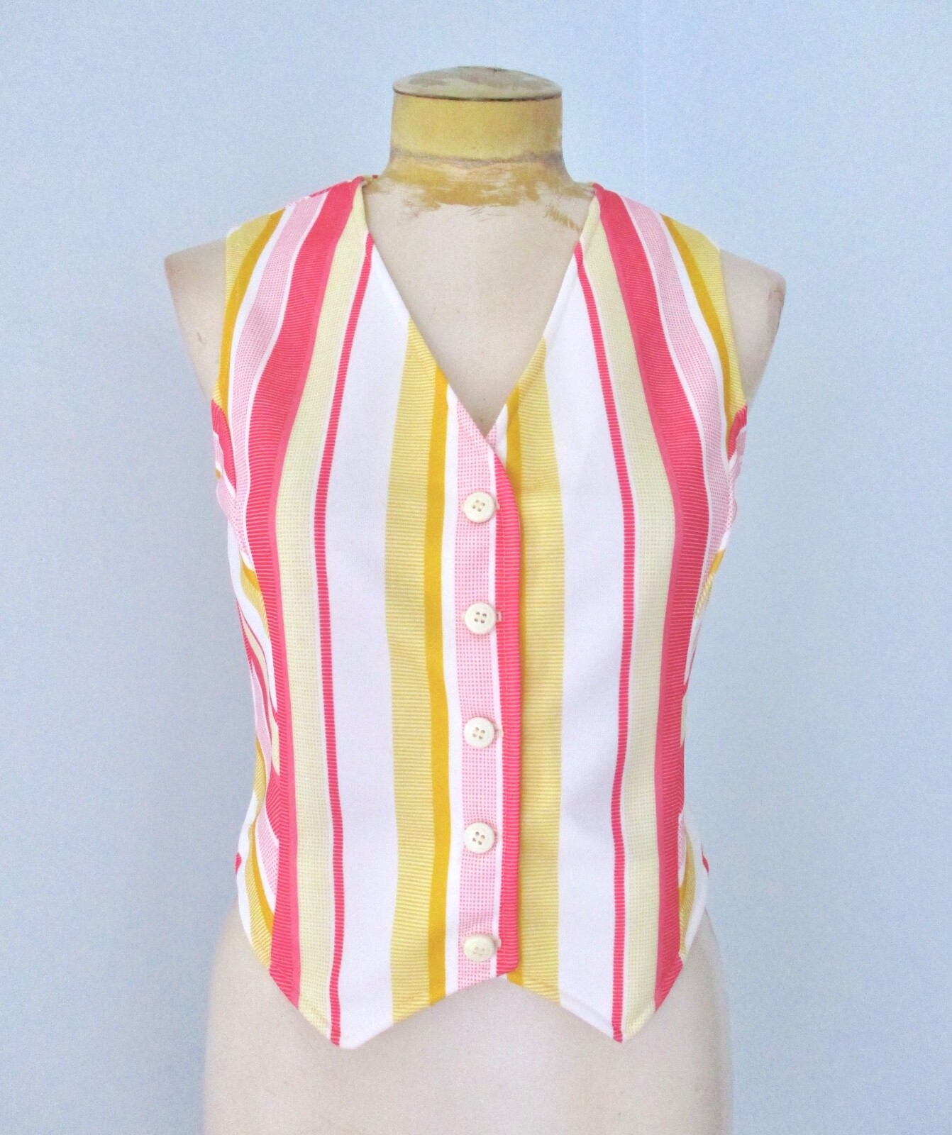 Vtg 70s Disco Red Yellow Gold Diagonal Stripe Polyester Knit Button Vest 12