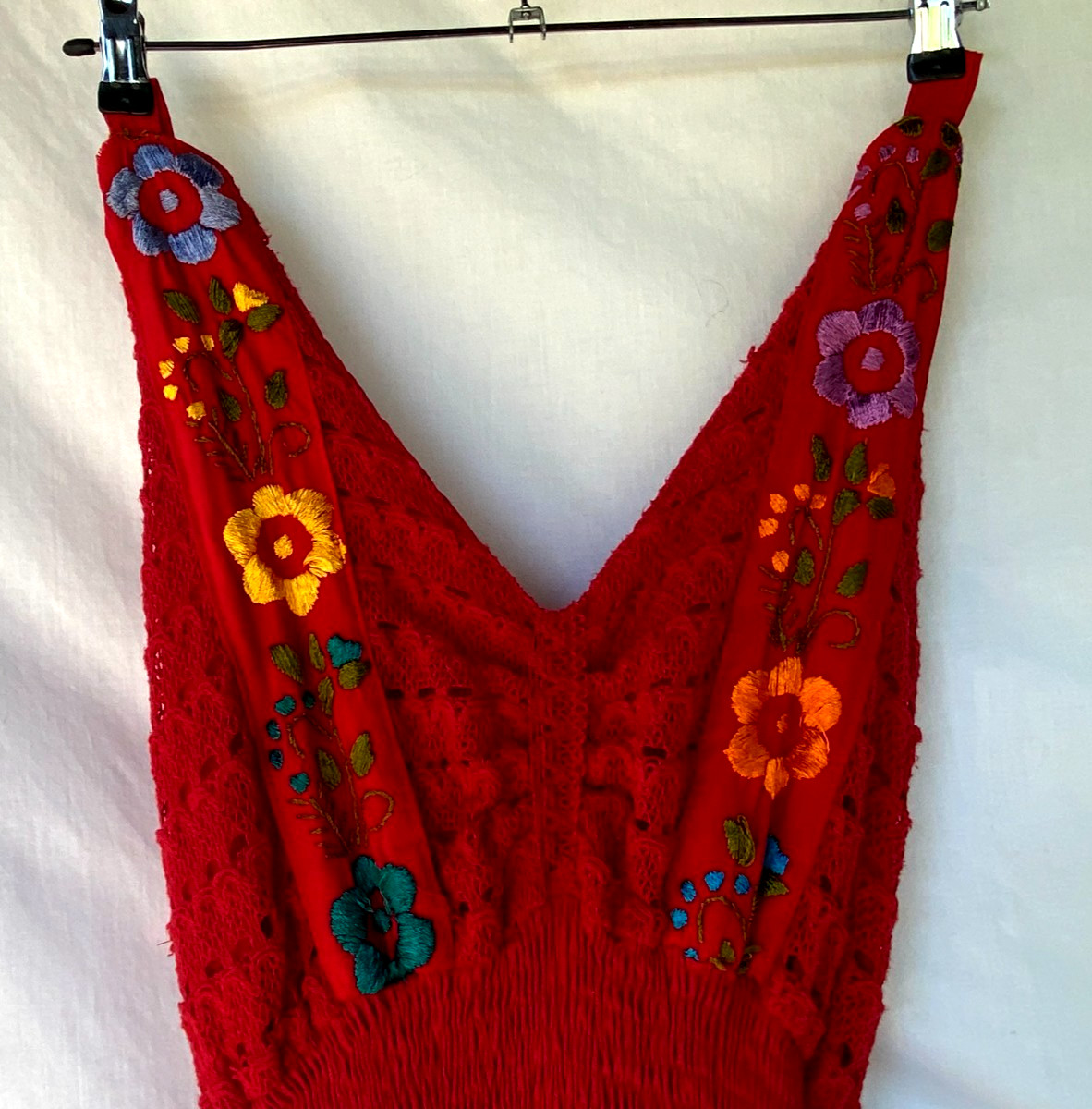 Vintage 1980s Red Boho Harem Jumpsuit Embroidered Floral Lace Halter Romper XL