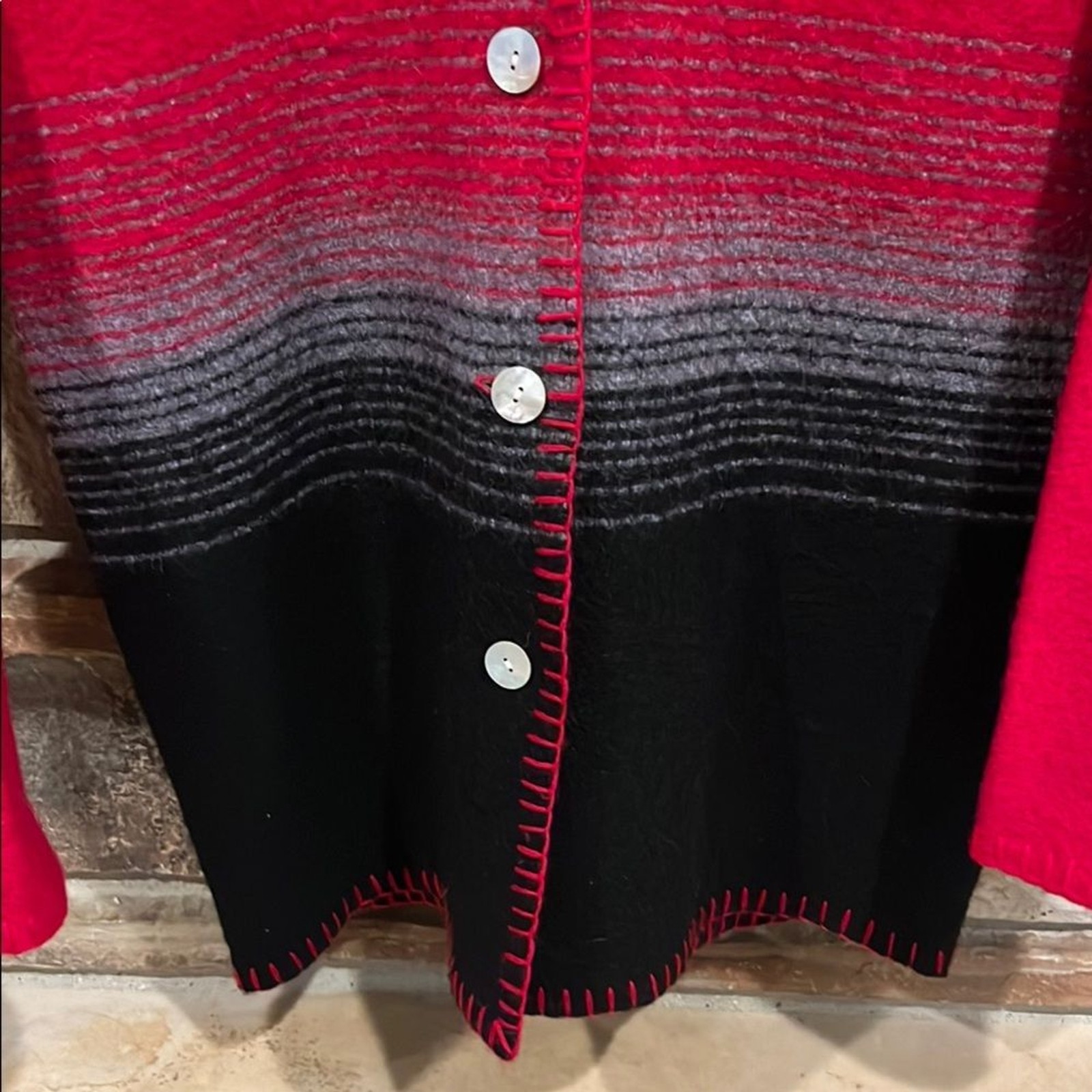 Lisa International Vintage Boiled Wool Red and Black Cardigan Sweater