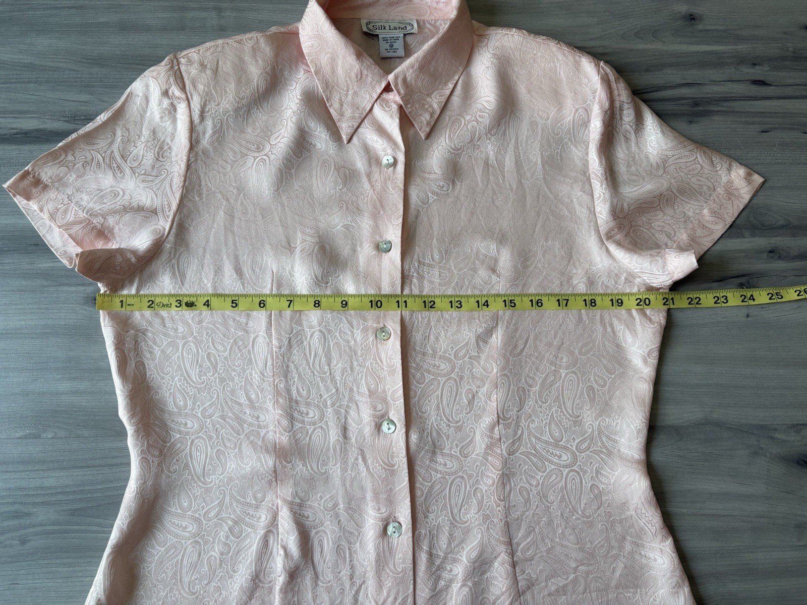 Silk Land Womens Size M 100% Pure Silk Paisley Jacquard Button Up Blouse Peach