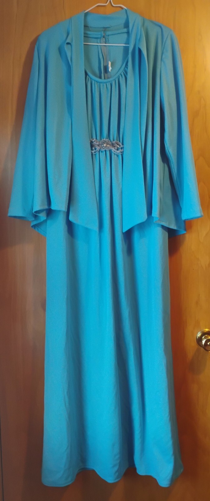 Vintage 1960s Lt Blue Maxi Gown with Matching Jacket w Beaded Brooch Detail
