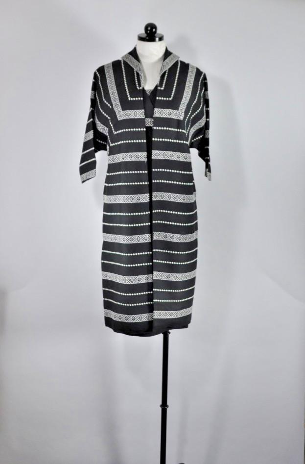 VTG 1950s Lilli Diamond Black White Embroidery Two Piece Coat Pencil Dress Set S