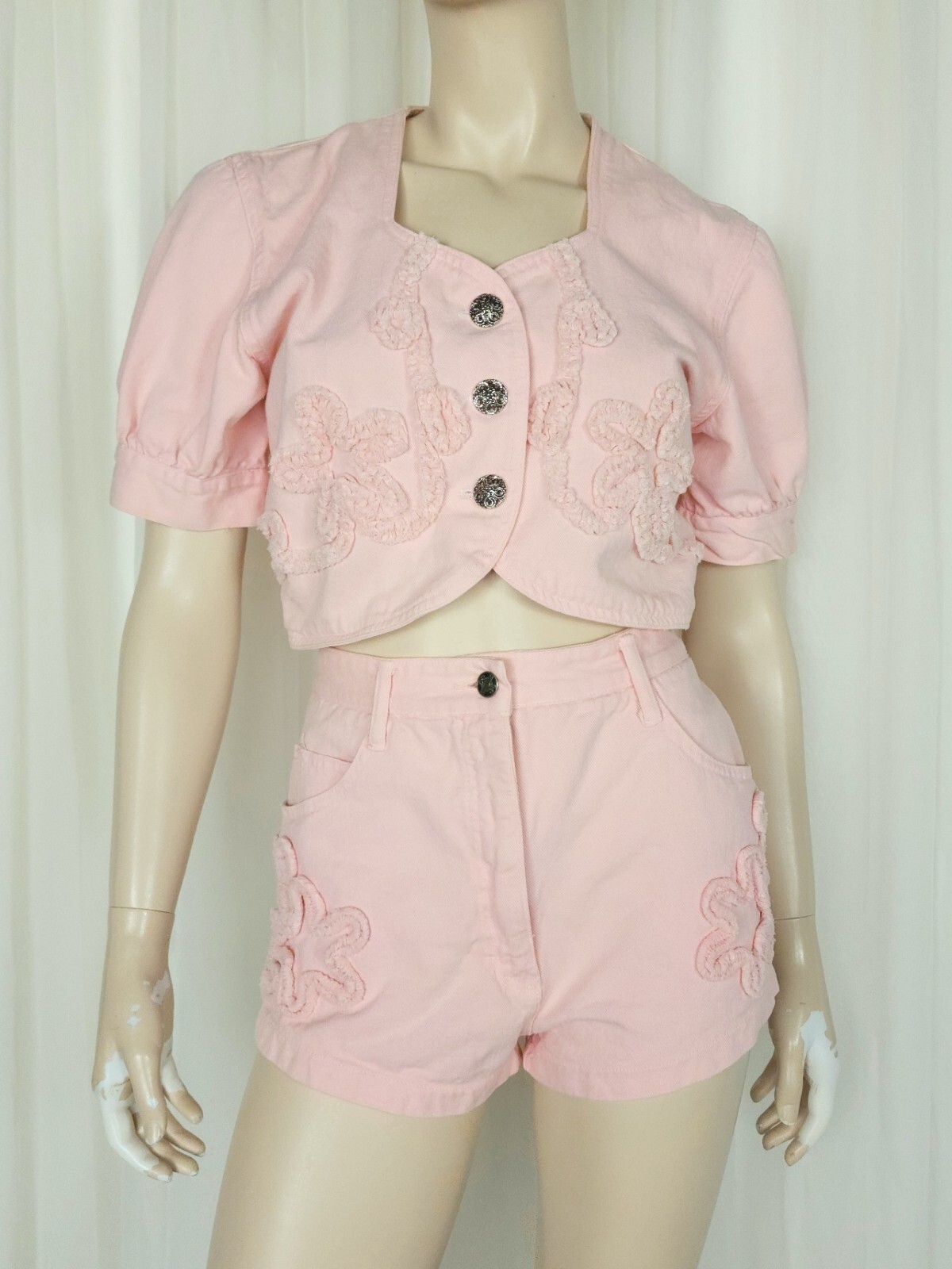 Vtg 80s 2pc denim crop top & shorts set pink XS/S Switch Denim USA