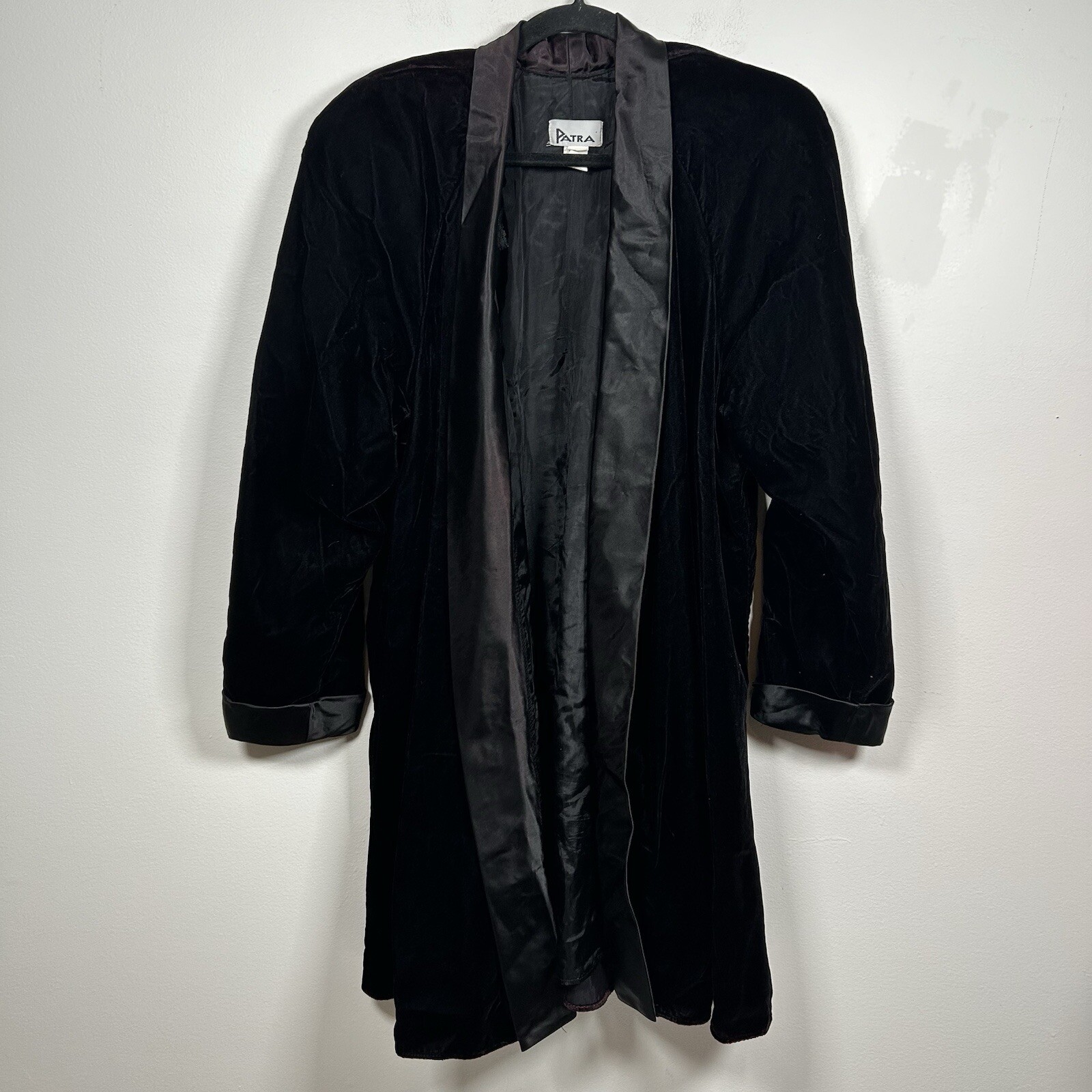 Patra Vintage Black Velvet Long Open Front Evening Jacket Satin Lapel Size XL