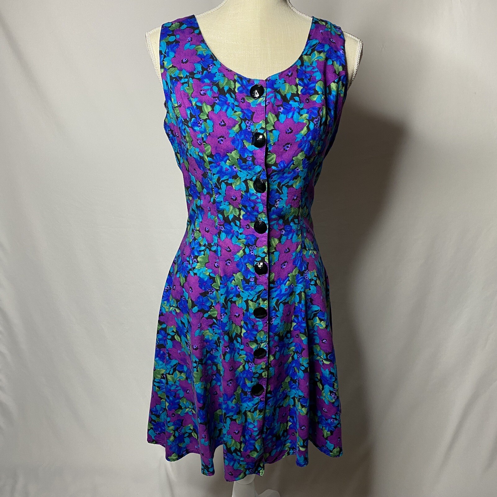 Joni Blair Women’s Sleeveless Blue Purple Floral Dress Vintage Button Up Size 9