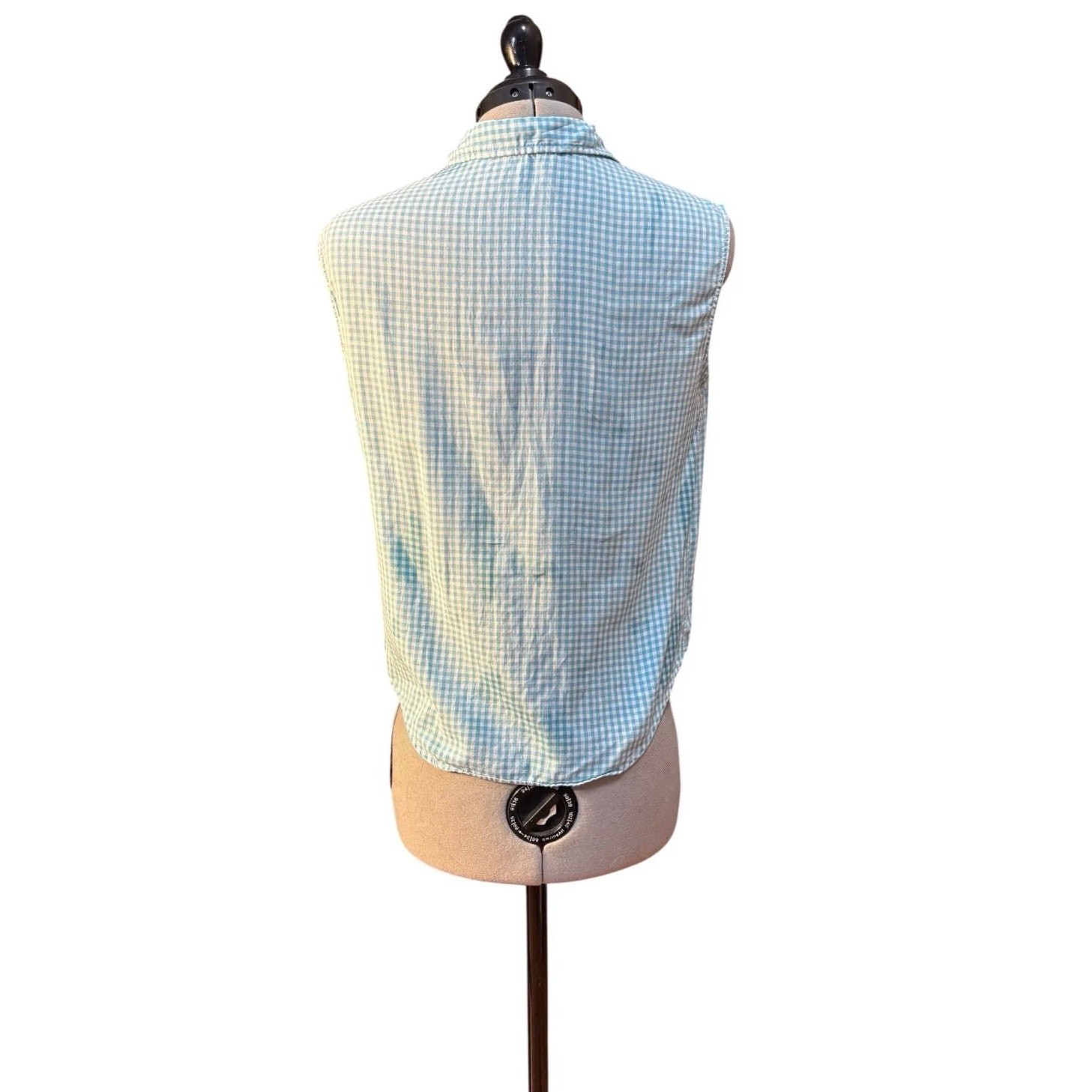 Vintage 1970s Blue Gingham Sleeveless Button Up Blouse Preppy Mod Summer Top S