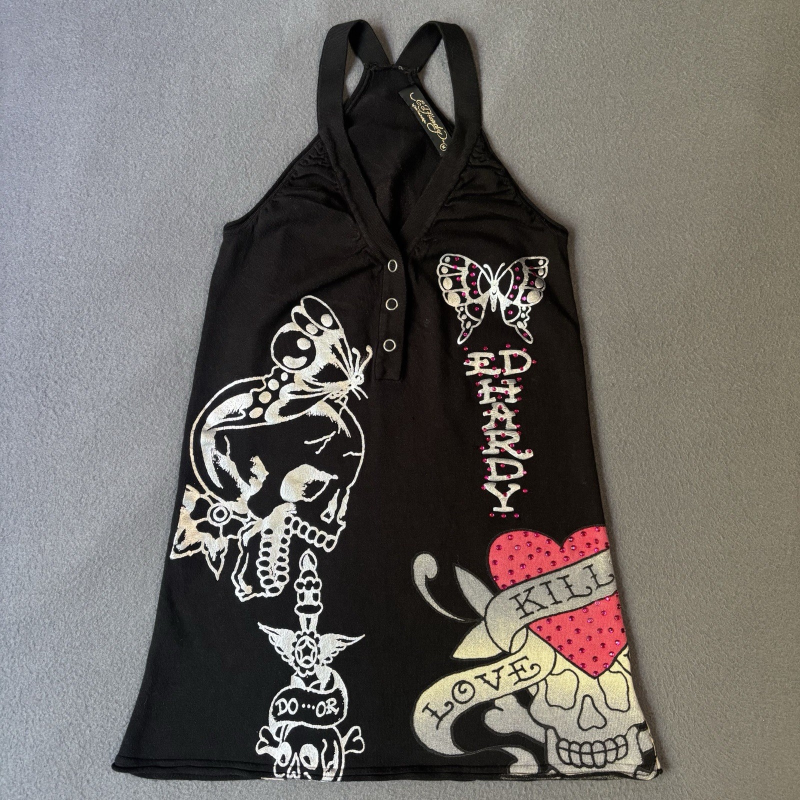 Vintage Y2K Ed Hardy Size Medium Black Halter-Neck Mini Dress W/Rhinestones