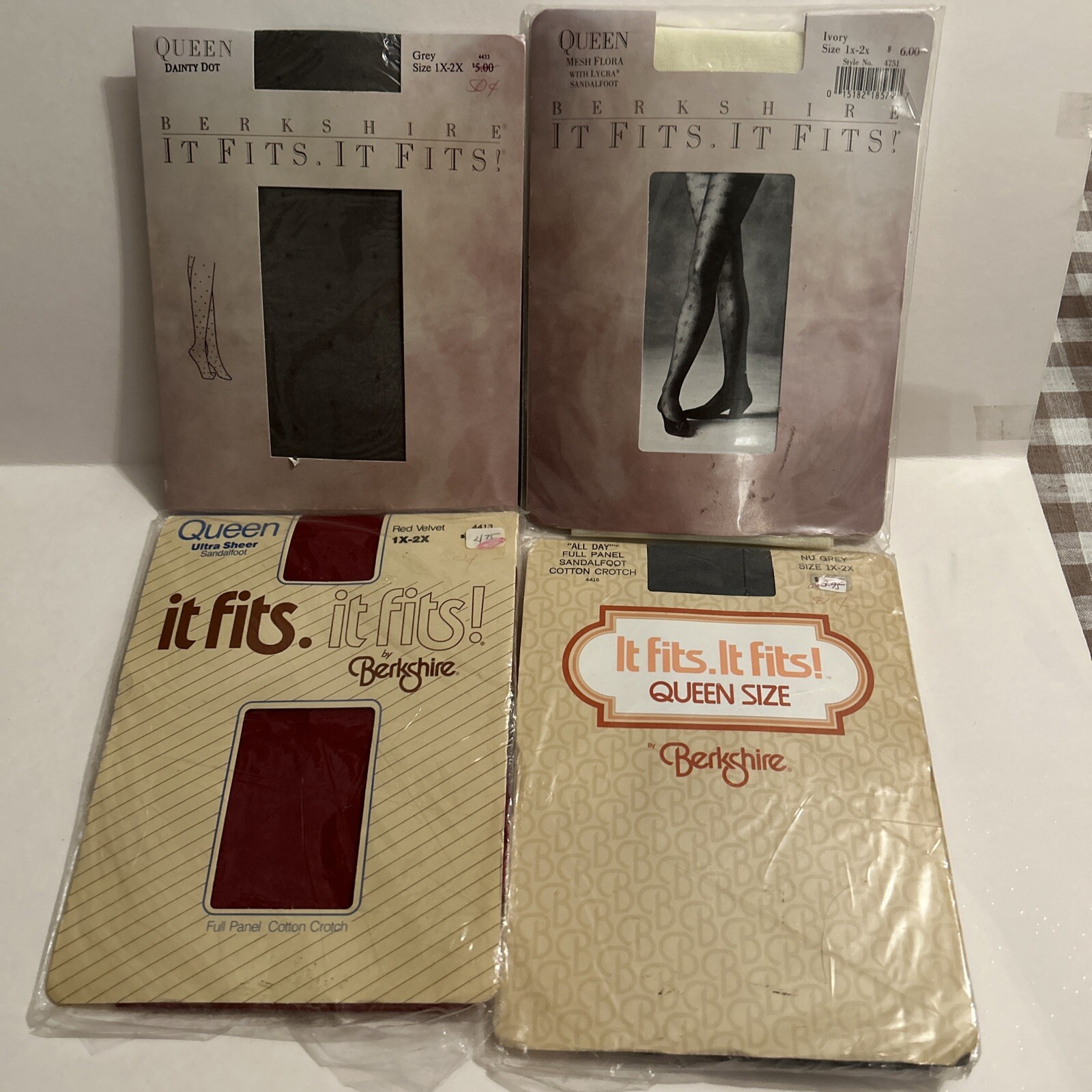 Vintage Birkshire Nylons Queen size 1X/2X Red, 2 Grey, & Dainty Dot Lot Of 4
