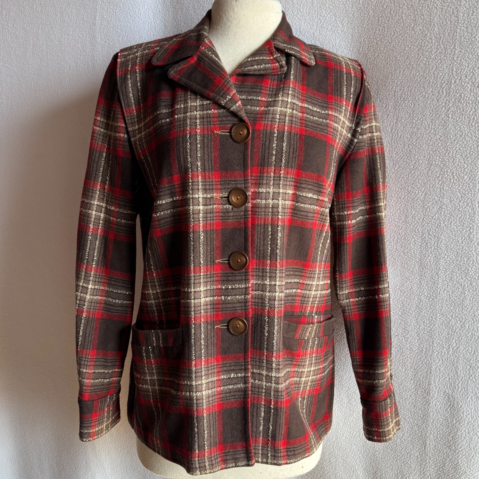 Vintage 1940s 1950s Merrill Woolens Red Plaid Loose Fitting Jacket 41 Bust