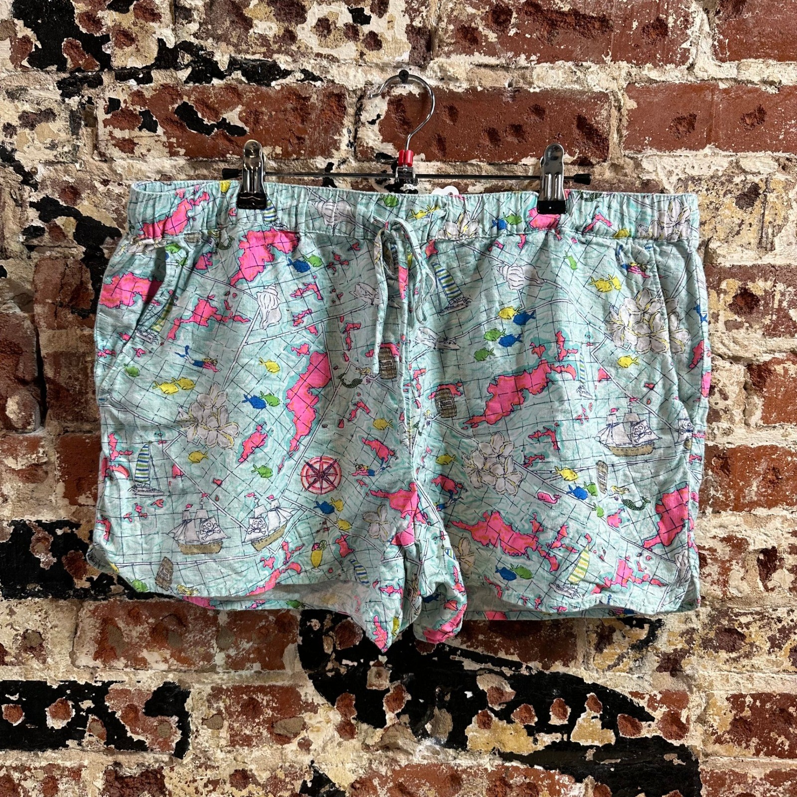 Vineyard Vines Nautical Map Ship Shorts Linen Flat Front Preppy Womens Large