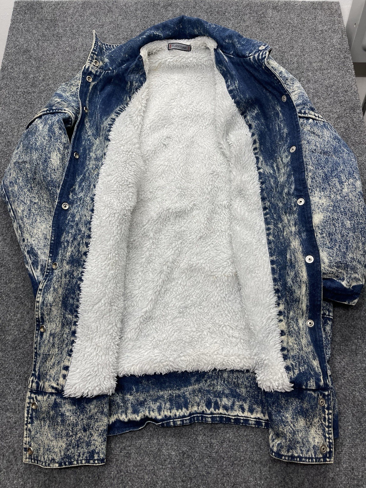 Vtg 80s Bebe Furrrina Denim Jacket Coat Sherpa Lined Unisex Size S USA Made