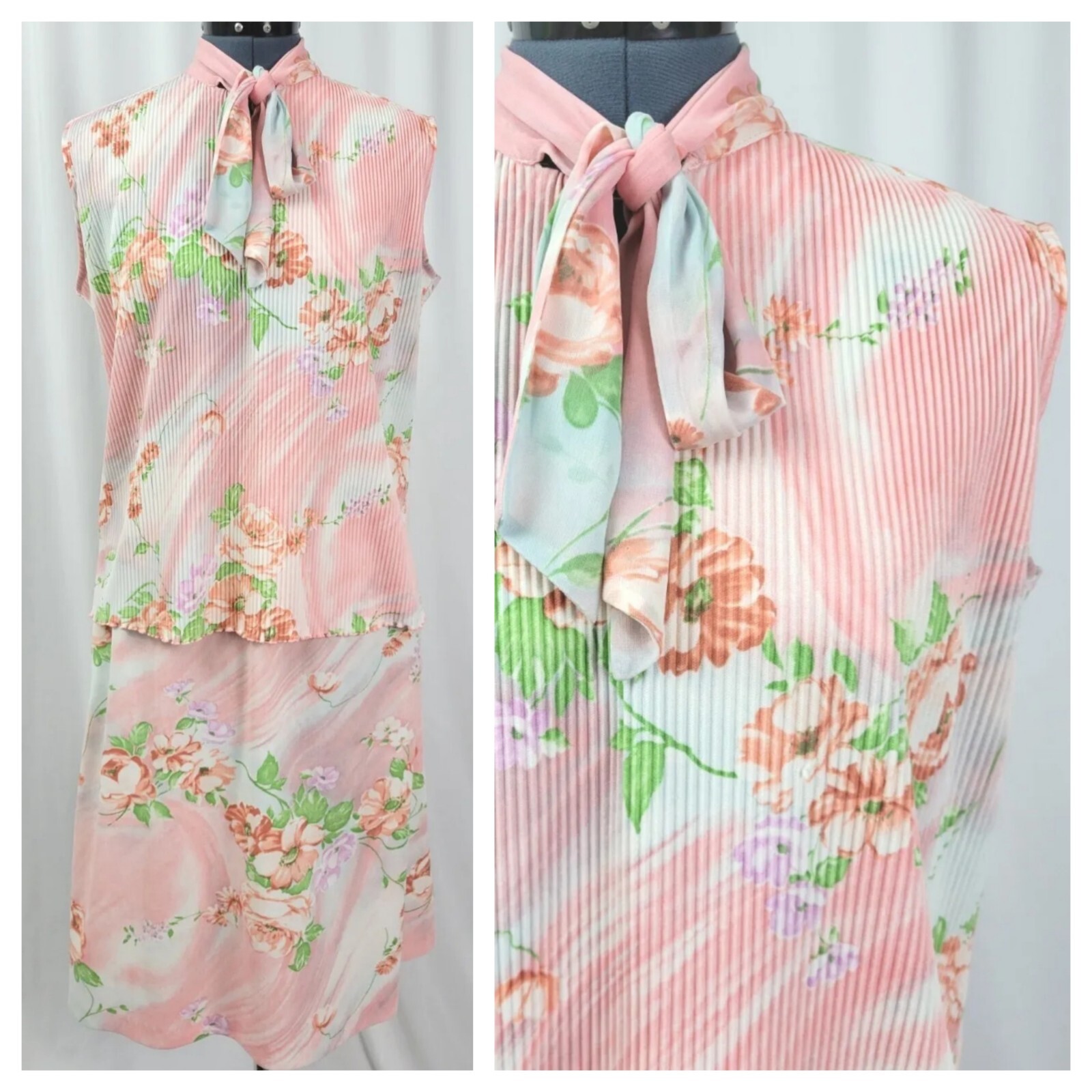Vintage Peachy Pink Floral 2 Piece Sleeveless Dress w Tie Collar Size M?