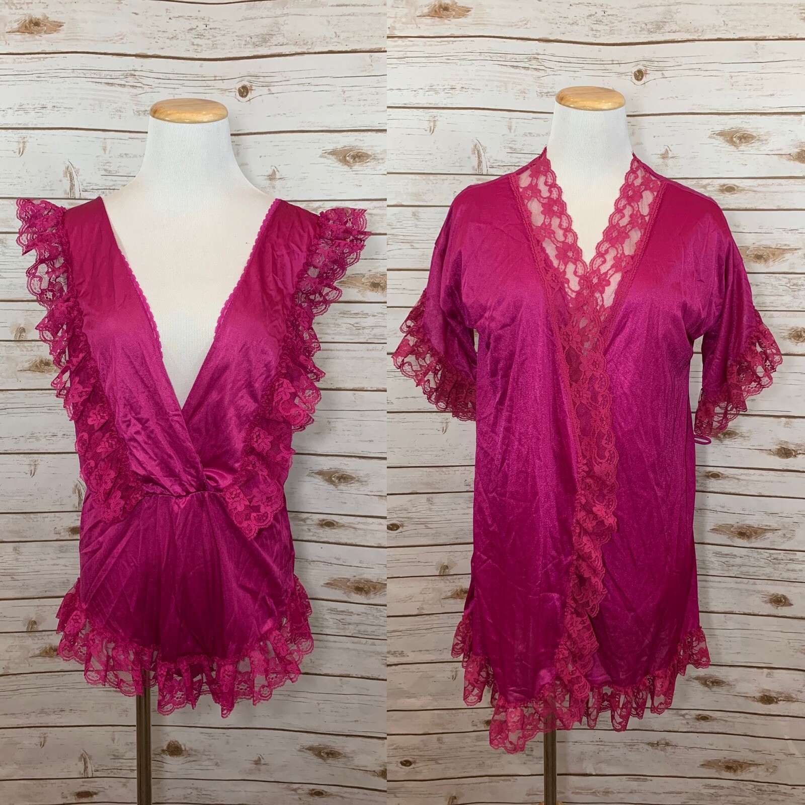 Vintage Val Mode Teddie Romper Robe Set Lace Hot Pink Lingerie Small USA