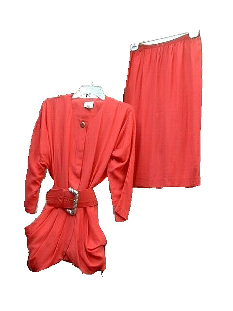 2-Piece L/S Orange Kwai Straight Skirt & Belted Ruched Tunic Top Outfit Sz 10