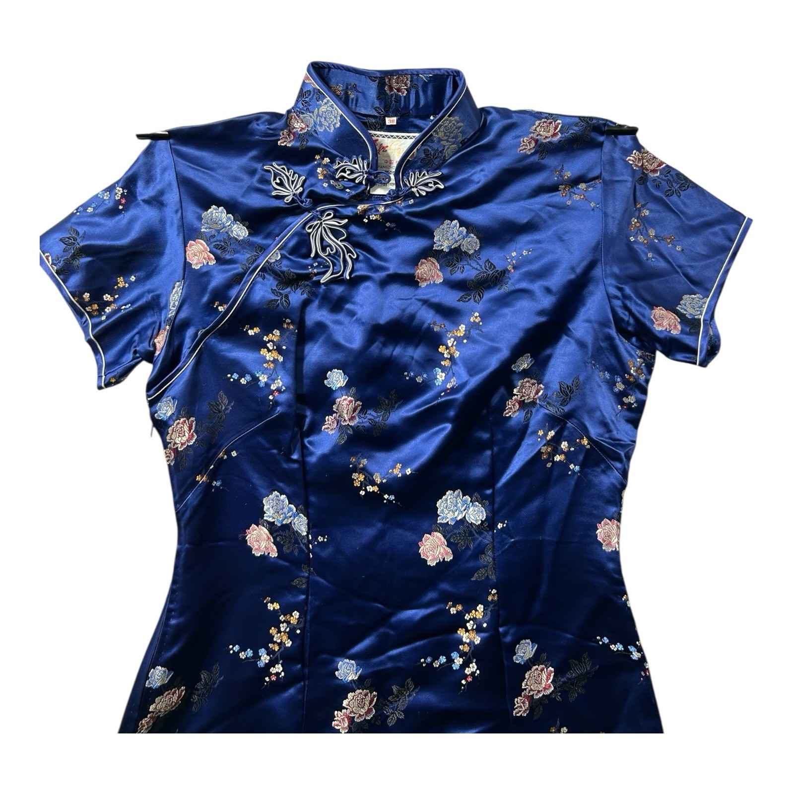 Vintage Solz Squirrel Blue Floral Satin Cheongsam Dress Women’s Size 38
