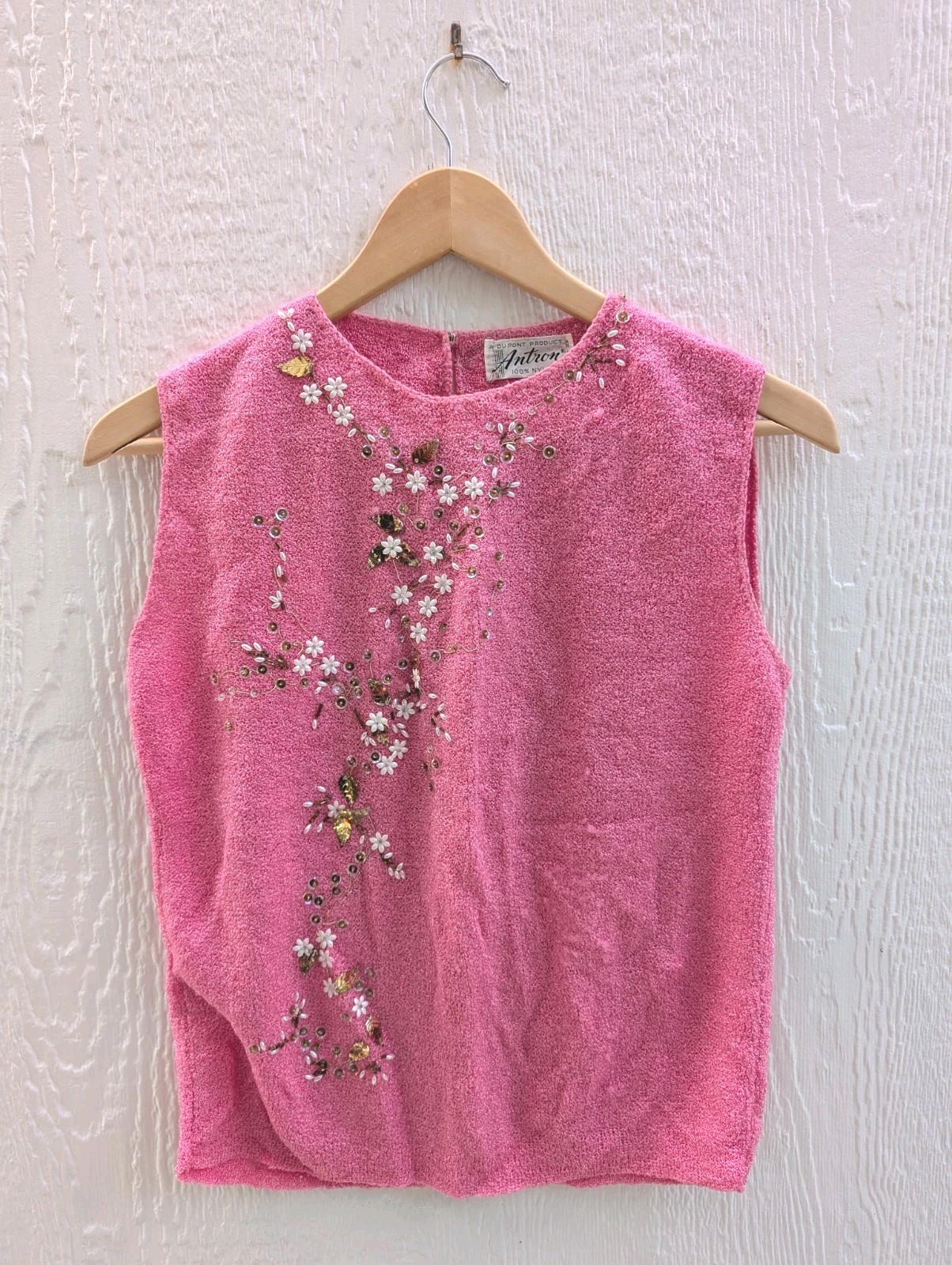 Vtg Antron DuPont Pink Beaded Sleeveless Tank Top Retro Coquette Small/Medium