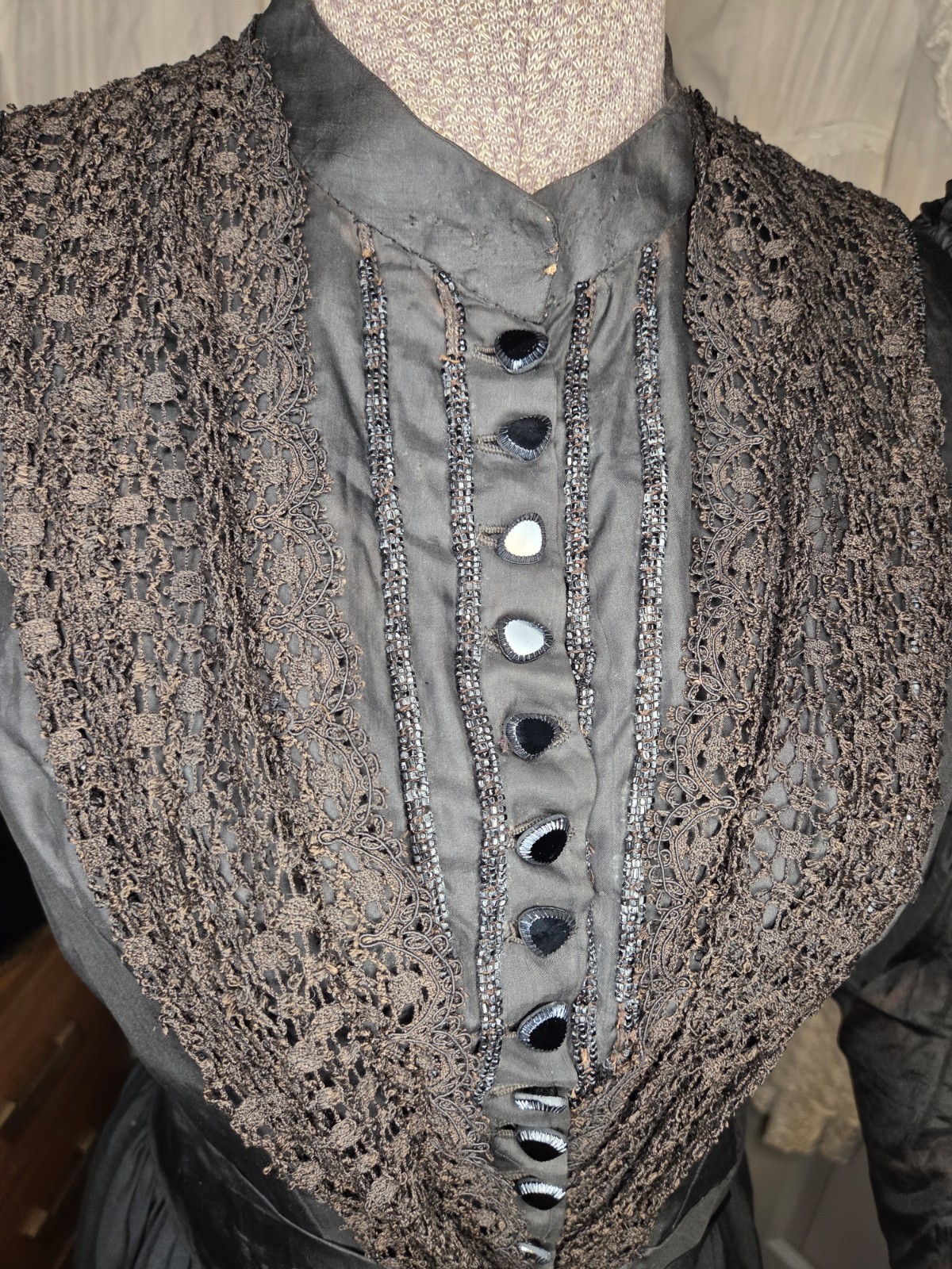 Black Victorian Silk Leg Of Mutton Sleeved Bodice With Lace & Glass Buttons READ
