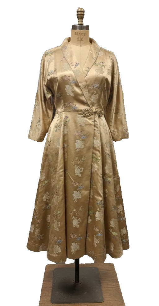 Vintage Chinese Womens Gold Silk Brocade Embroidered robe dress Dynasty 14 Rare