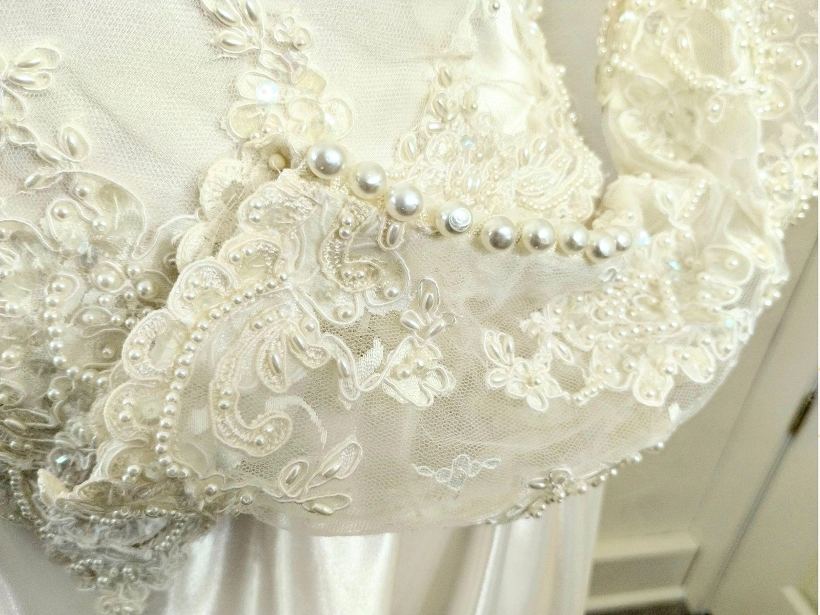 Vtge 80s Wedding Dress: Ivory Satin, Pearls, Sequins, Puff Sleeves, Basque Waist