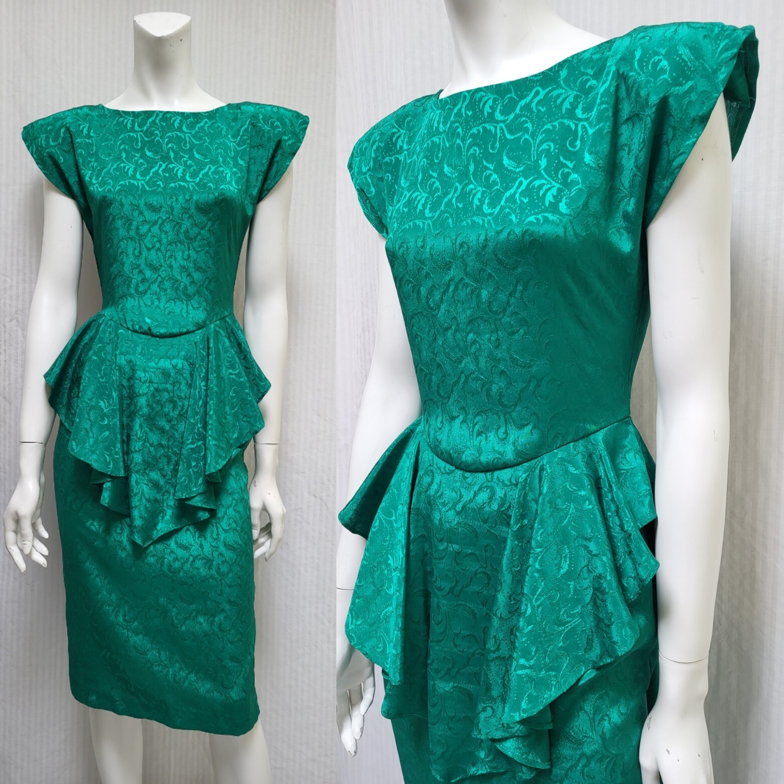 Vintage 1980s ZUM ZUM Shiny Green Satin Jacquard Peplum Dress – Size XXS/XS -EUC