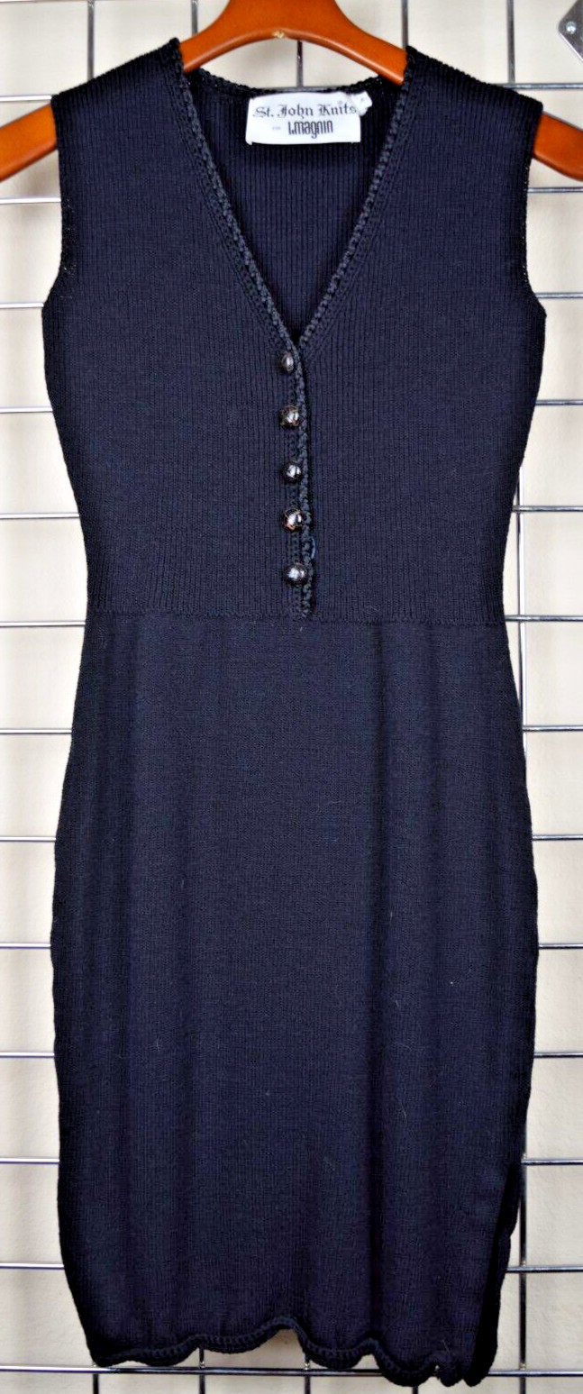 Vintage St John Knits Mini Dress Size S/M 60s Midnight Black Leather Buttons