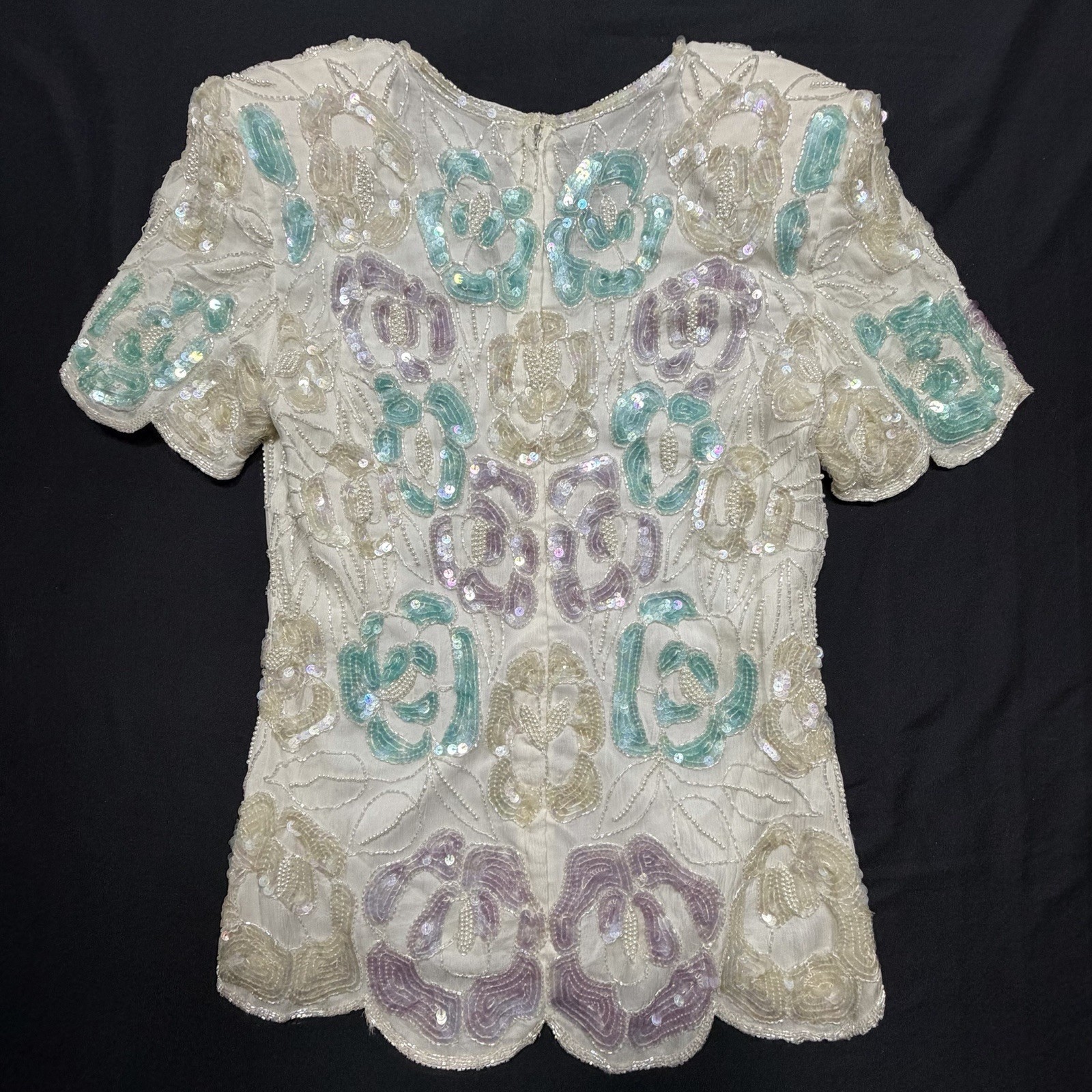 Papell Boutique Silk Beaded Sequin Floral Evening Blouse Cream Medium Vintage