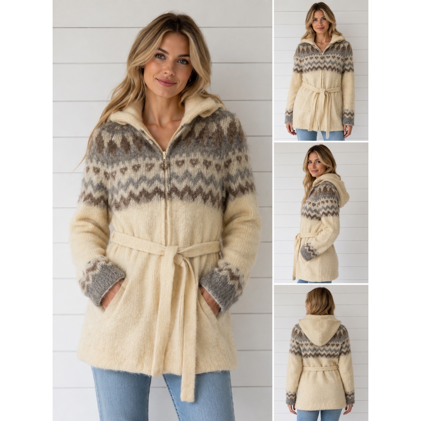 Vintage Hilda Ltd Icelandic Wool Fair Isle Zip Up Hooded Belted Cardigan Jacket