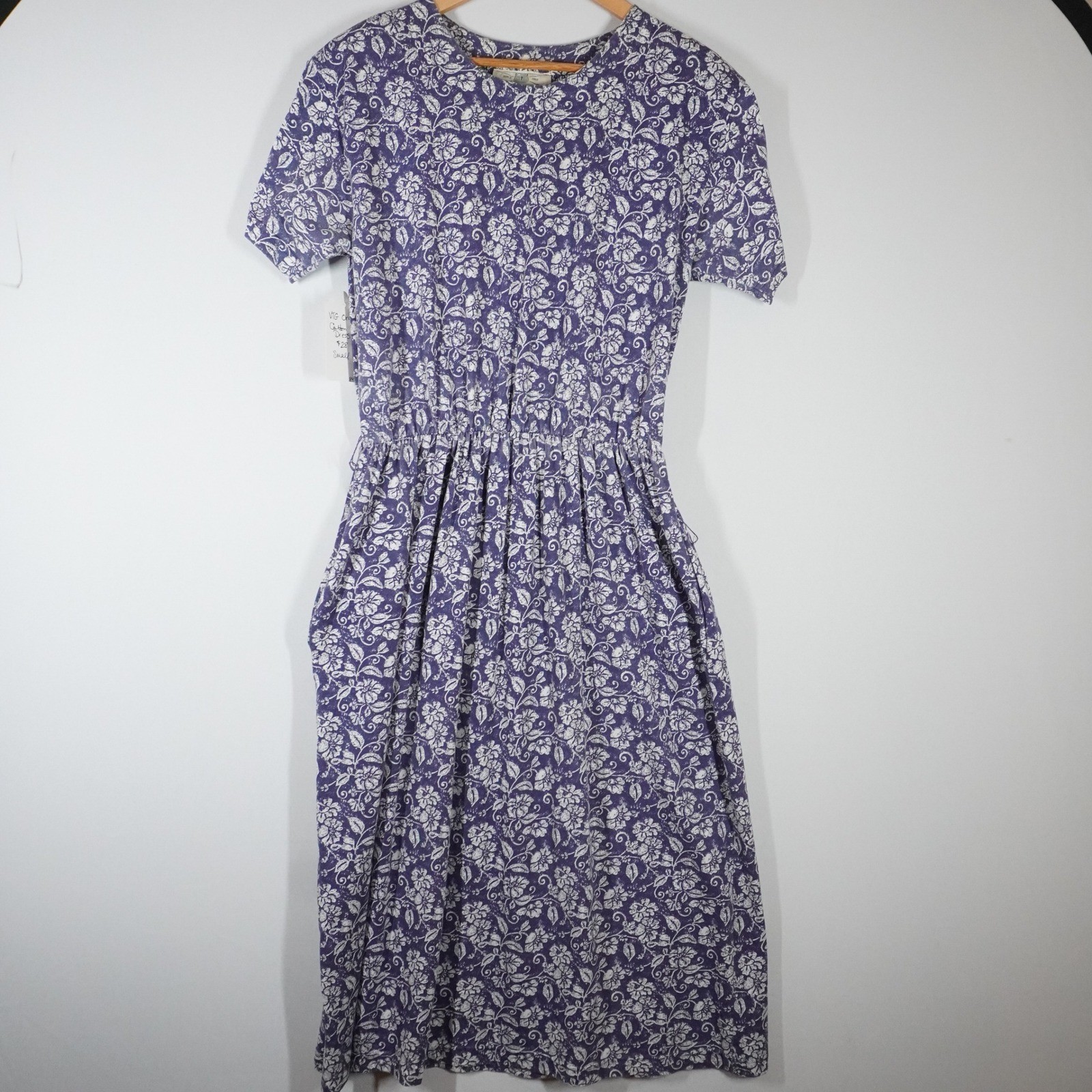 VTG Orvis Purple Floral Paisley Cotton Midi Dress Short Sleeve Small Modest 90s