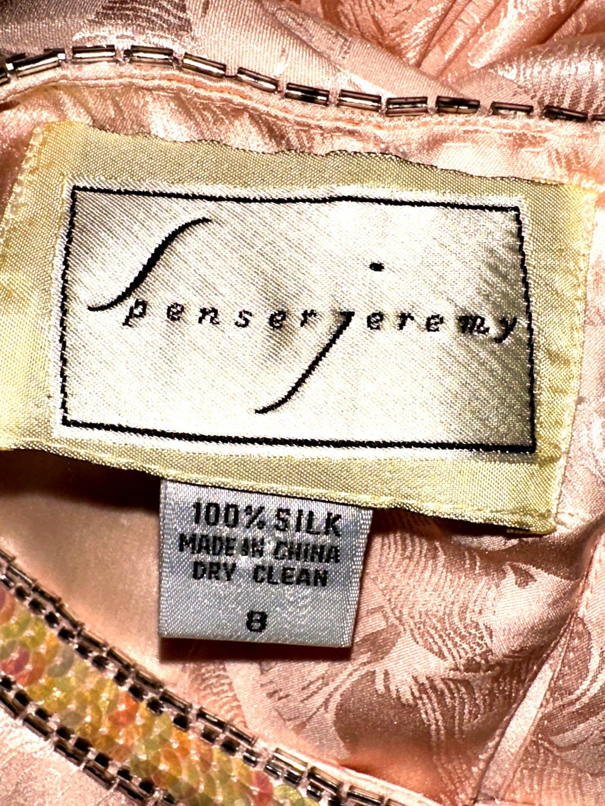 All Silk Vintage Dress by Spencer Jeremy 8 Pink Sequin Beaded Shoulder Pads 80s