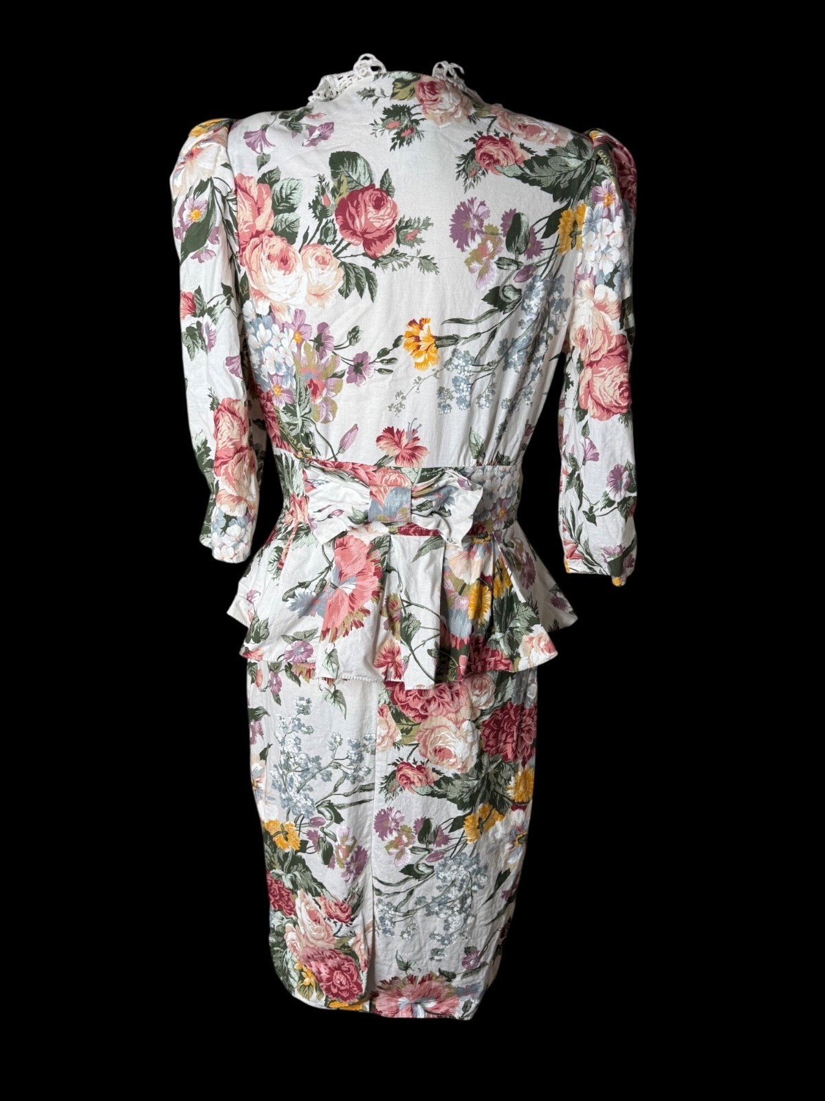 Vintage 80 My Michelle Floral Peplum Dress Puff Sleeves Lace Collar Cotton M USA