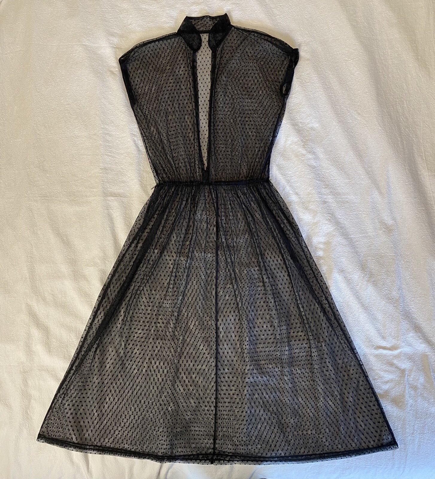 1930s 40s Sz S Black Sheer Tulle Net Day Dress Short Sleeve Mandarin Collar VTG