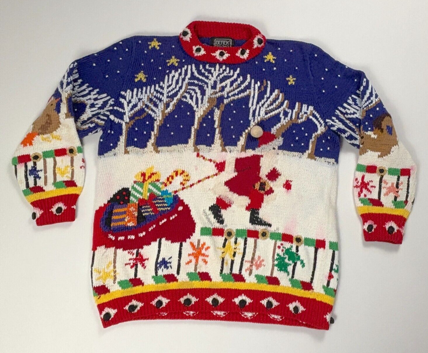 VTG Berek Womens Hand Knit Sweater Size L 3D Christmas Santa Pima Cotton