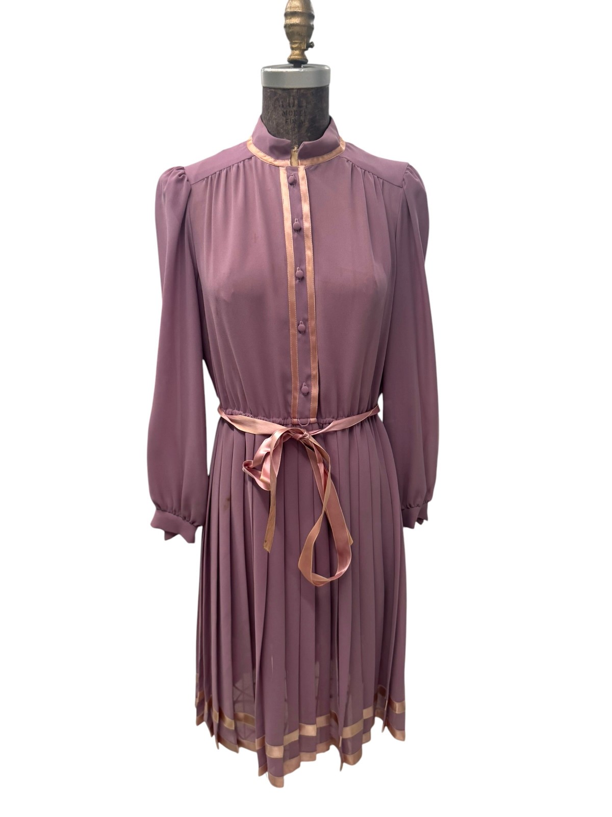 Vintage 1970s Noel Sophisticates Dusty Rose W/ Satin Trim Secretarial Dress M/L