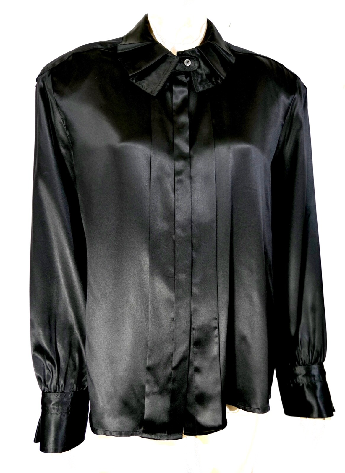 Vintage Brownstone Studio Fan Pleat Collar Hong Kong Black Silk Blouse L XL 16