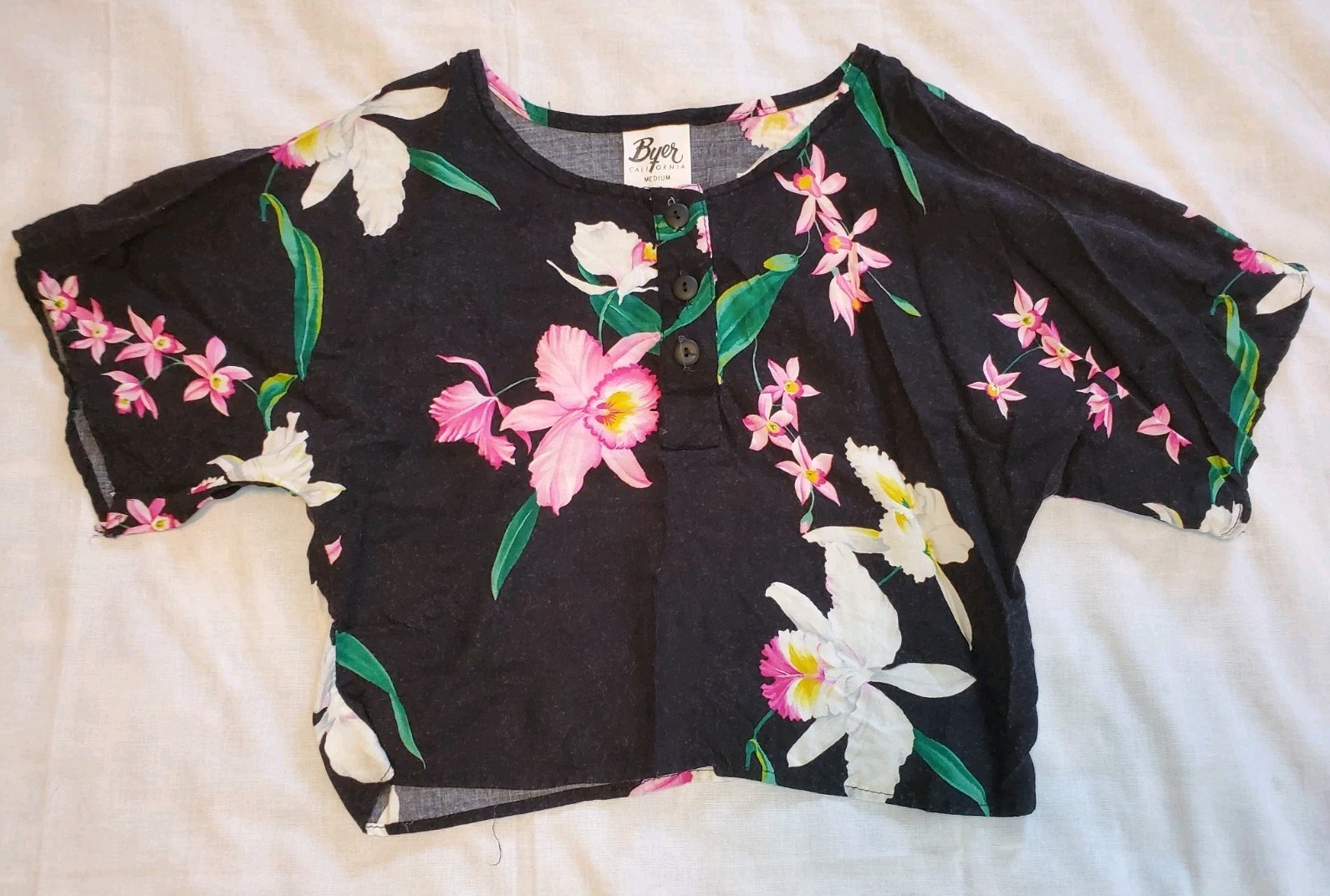 Vintage 80s Byer California Floral Hawaiian Crop Top Rayon Shirt Womens Medium