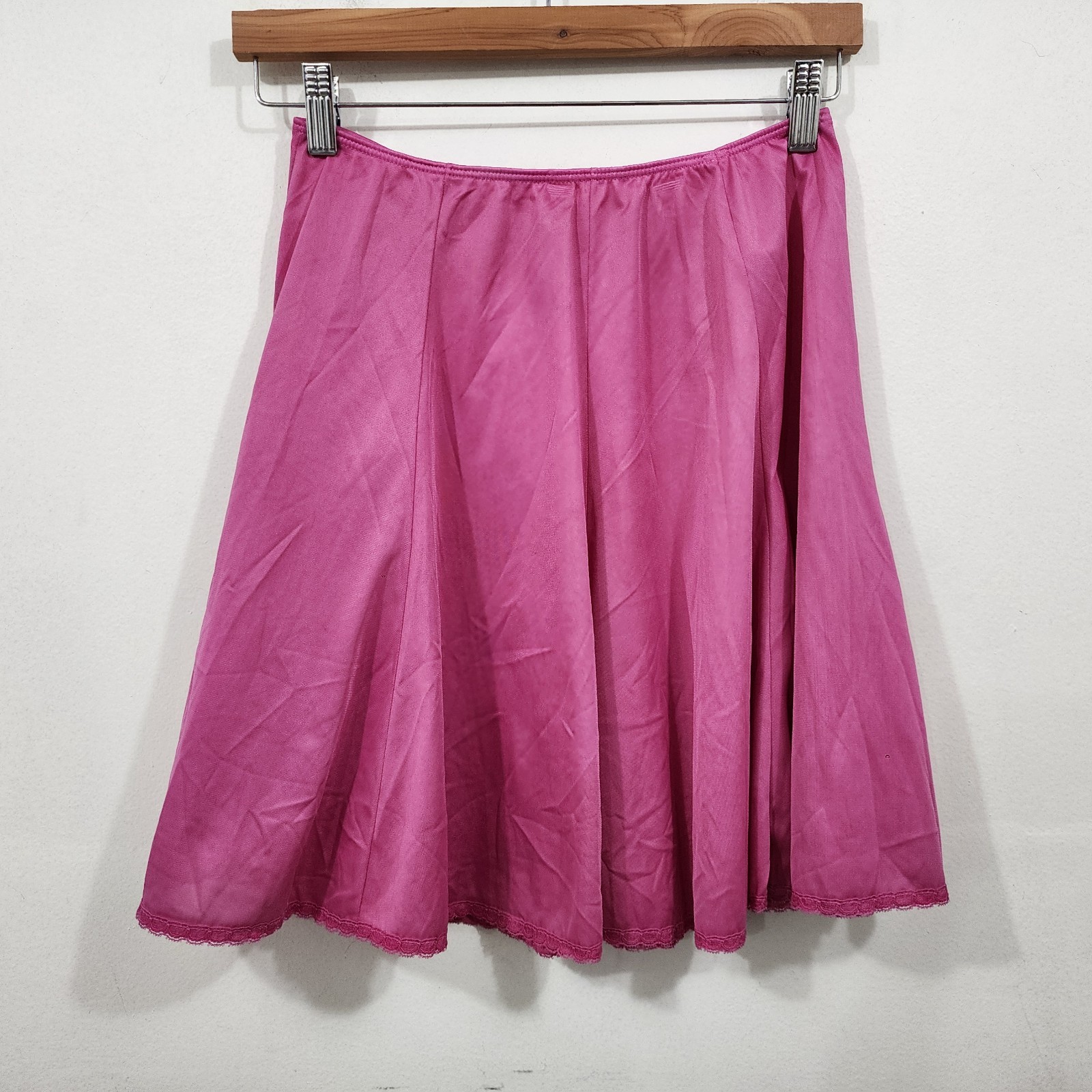 Vintage Sears A-line Mini Slip Skirt Pink Nylon Anti-cling Short (L) Waist 30-32