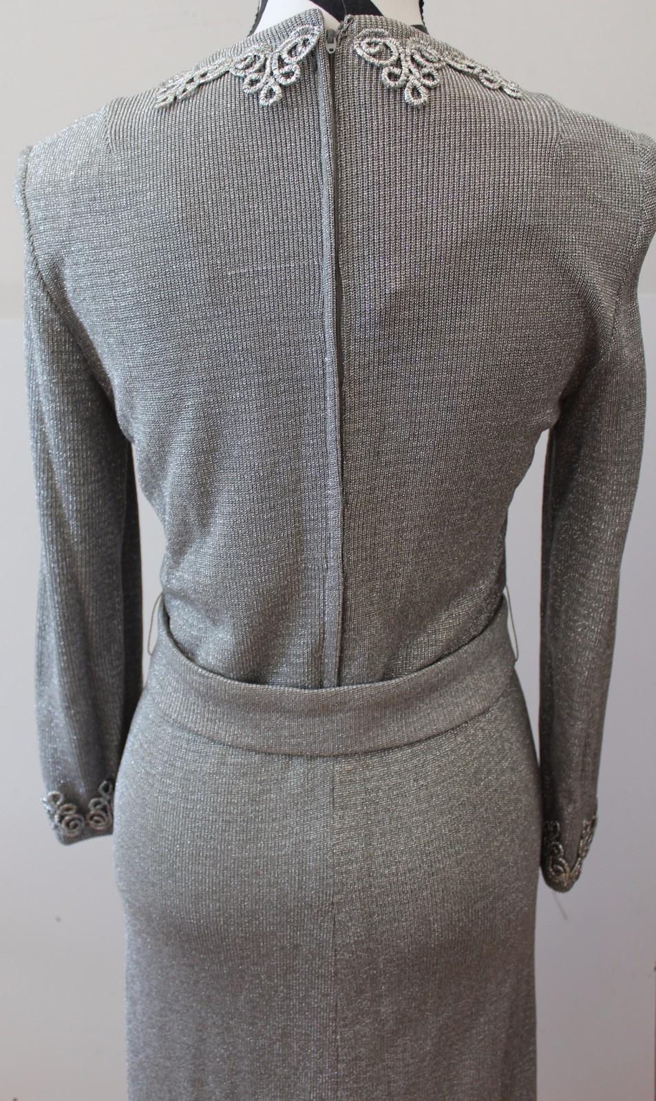 Vintage LILLI DIAMOND Silver Knit Embellished Long Dress L#160a