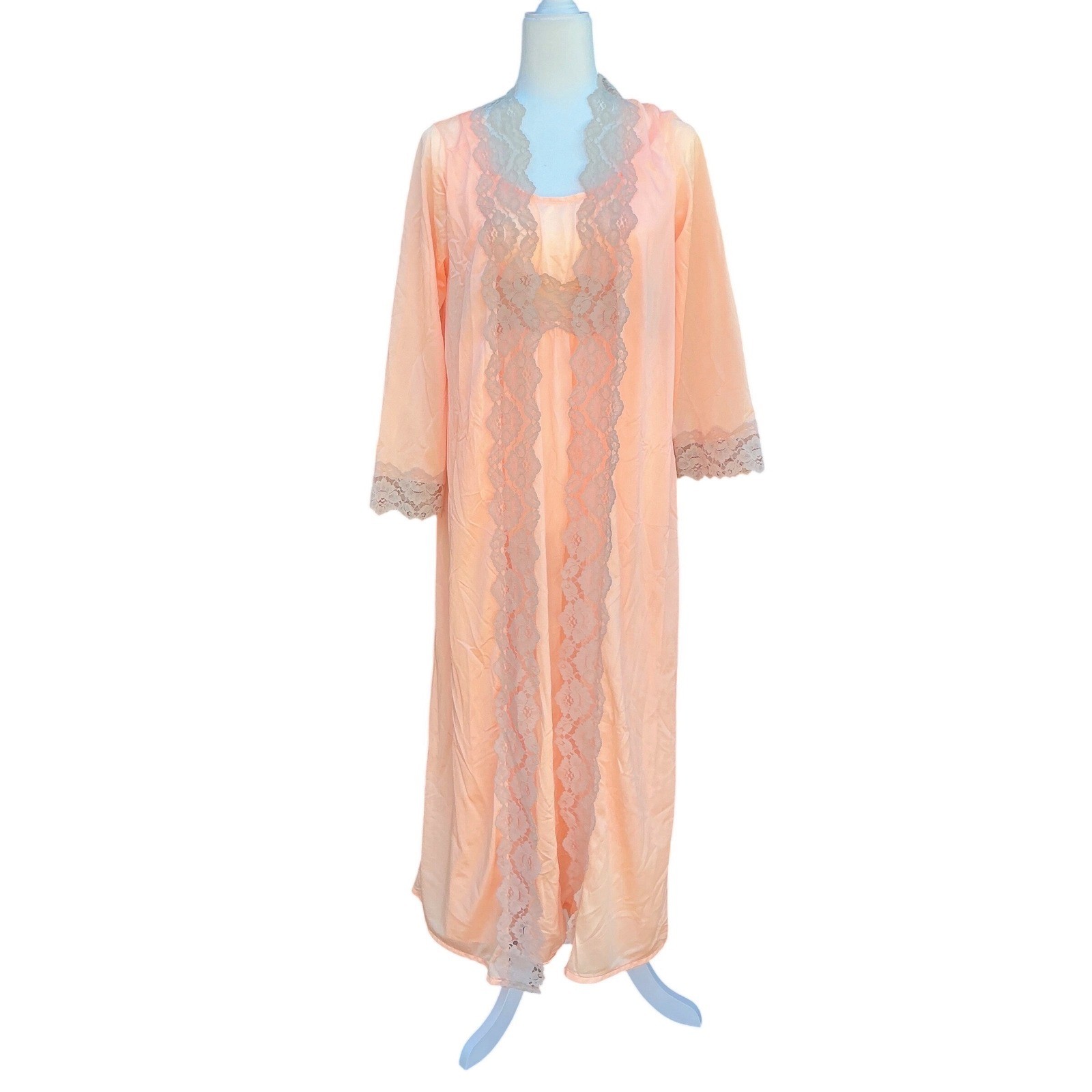 Undercover Wear Peignoir Set Wms S Petite Peach Lace Trim Vintage 70s Romantic