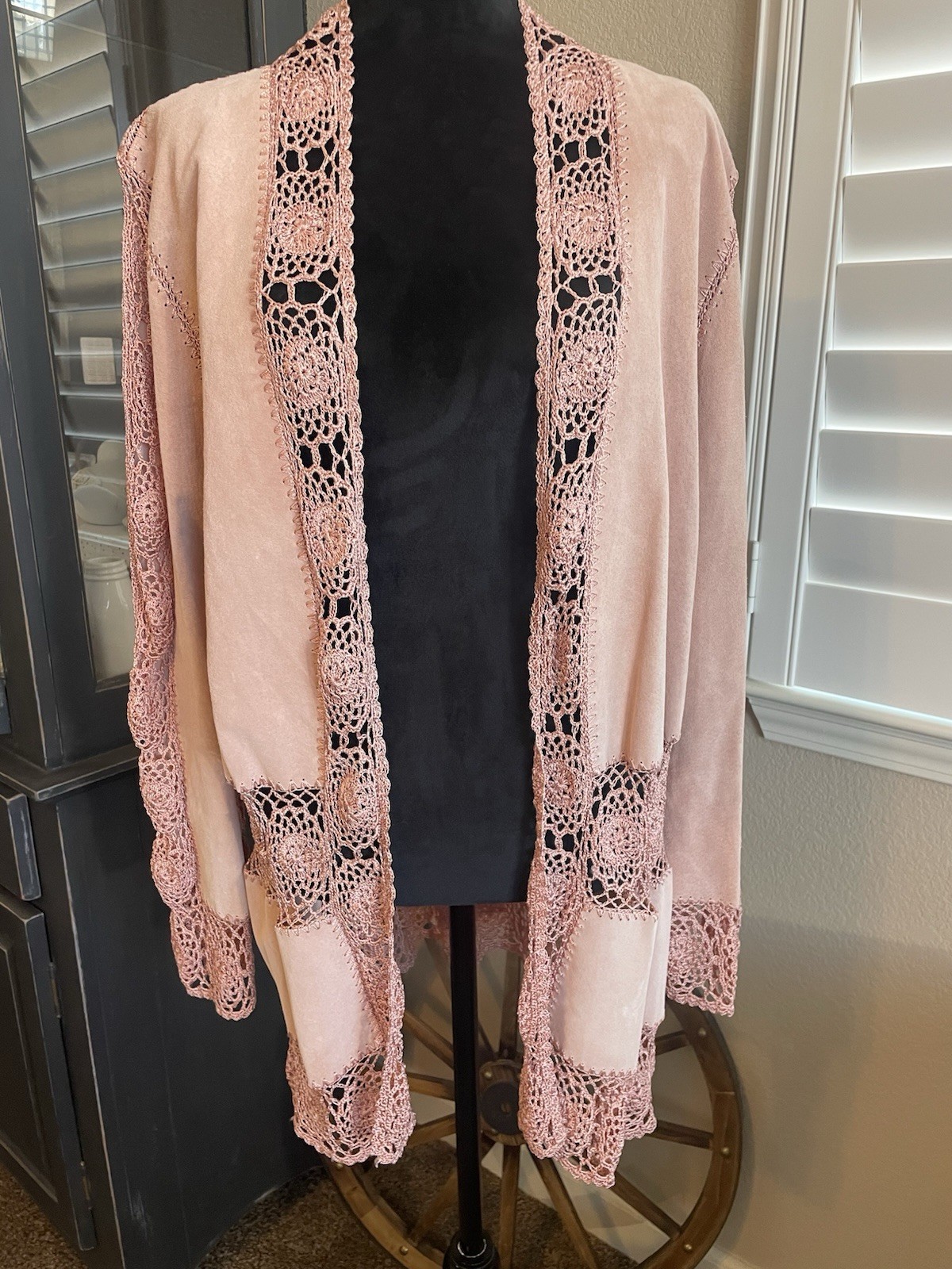 Bradley Bayou Suede Leather Open Cardigan Jacket Large Crochet Boho Pink Flaw