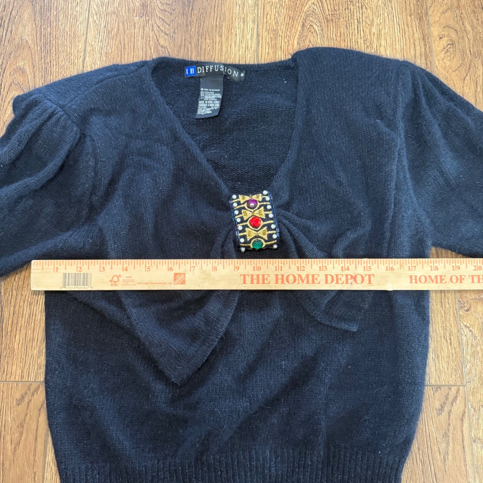 VTG 90s IB Diffusion Black Wool Silk Angora Beaded Bow Sweater Womens M Jewels