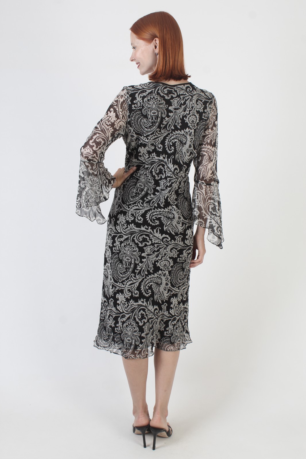 Vtg Black Silk Dress Ice Bell Slv Whimsygoth 90s Y2K Paisley Slip 2000s Midi 8