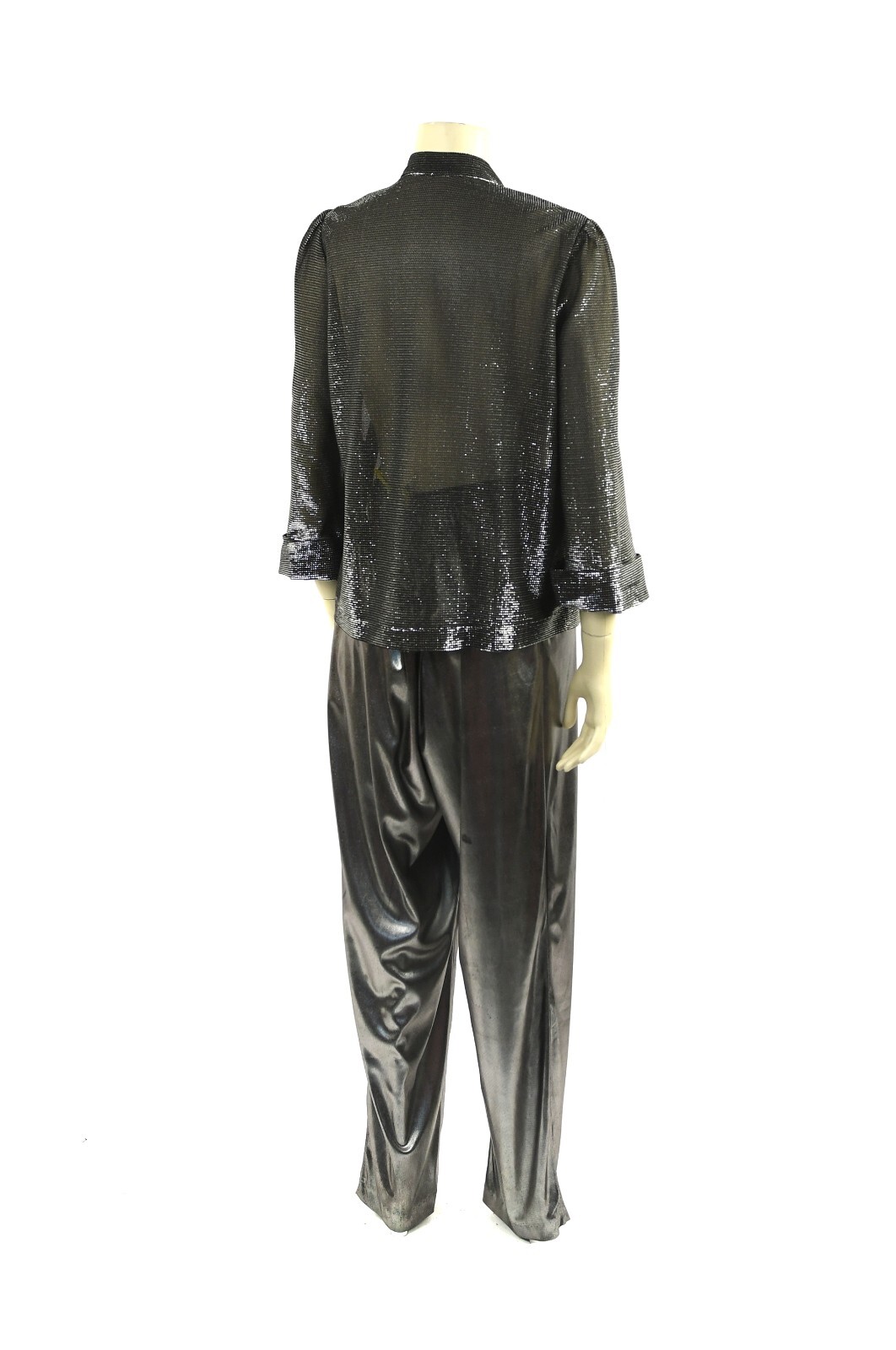 Vintage 80s Black + Silver Metallic Lame Open Disco Jacket Pants Dress Set L