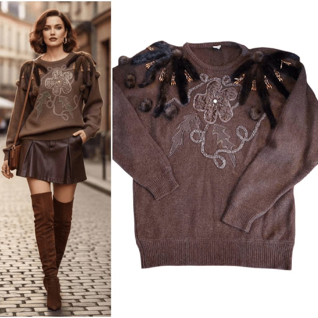 VTG 80s Angora Lambswool Fur Trim Sweater Brown Gold Beaded Oversized Medium RAR