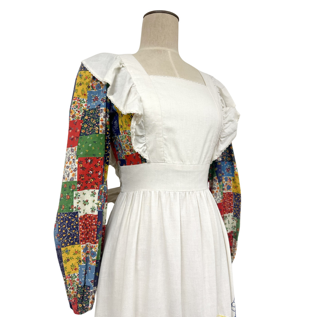Vintage 1970s Vicky Vaughn Patchwork Umbrella Embroidered Apron Maxi Dress