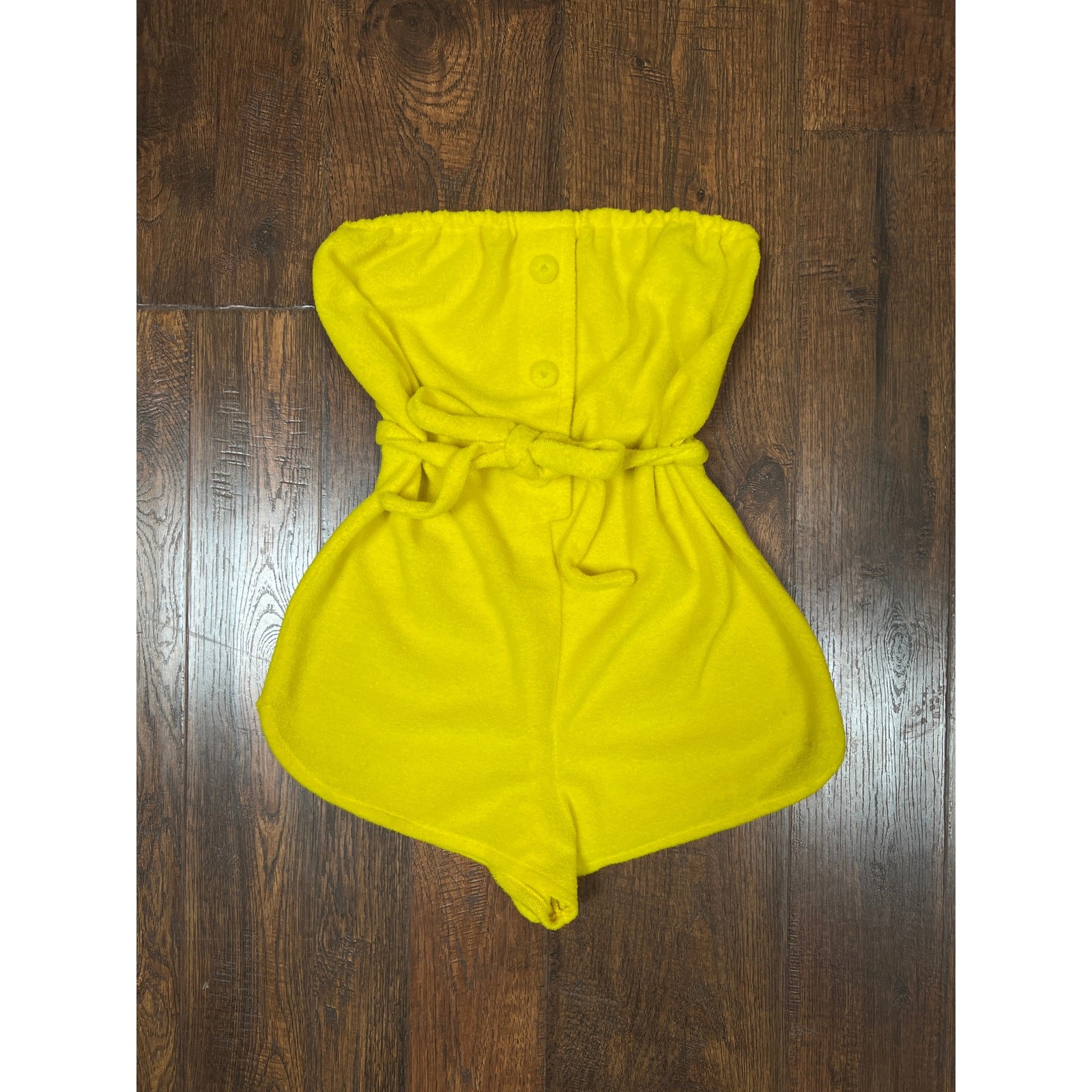 Vintage 1970s Yellow Terrycloth Playsuit Strapless Belted Bathing Suit Cover-Up