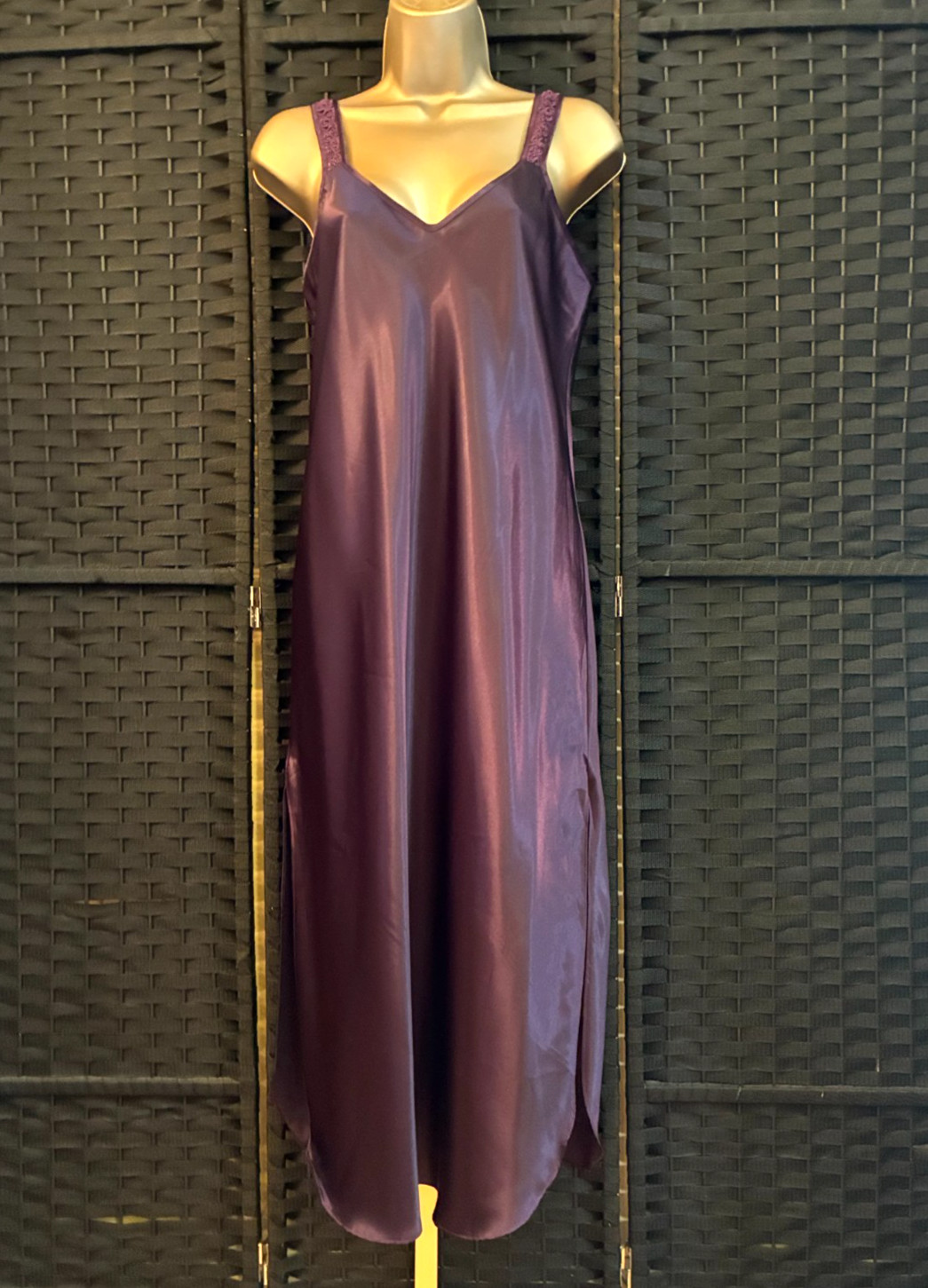 Vintage CALIFORNIA DYNASTY SLIP GOWN Small DARK PURPLE Liquid Satin Chemise Midi