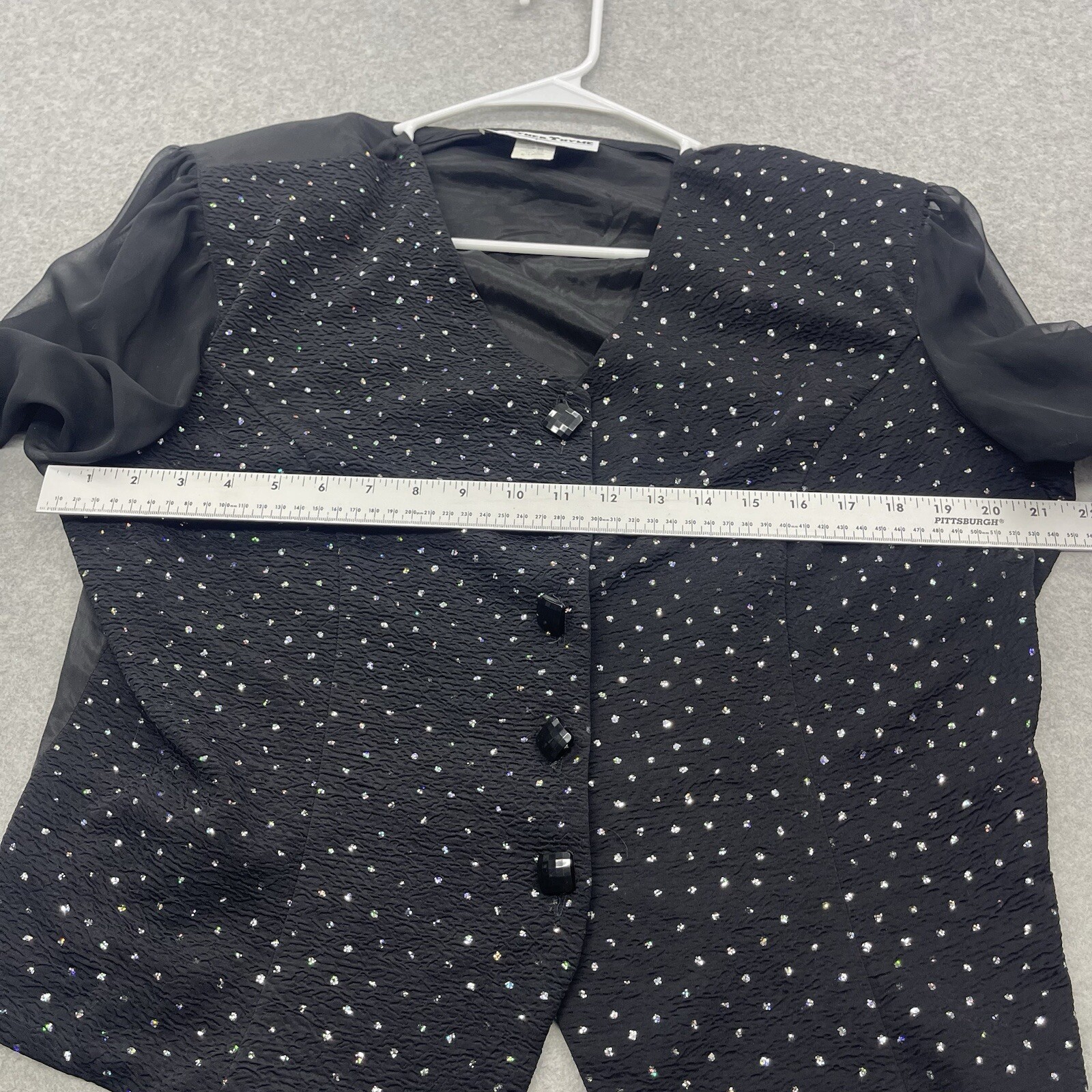 Vintage Another Thyme Blouse Womens XL Black Sheer Sleeves Sequins Made in USA