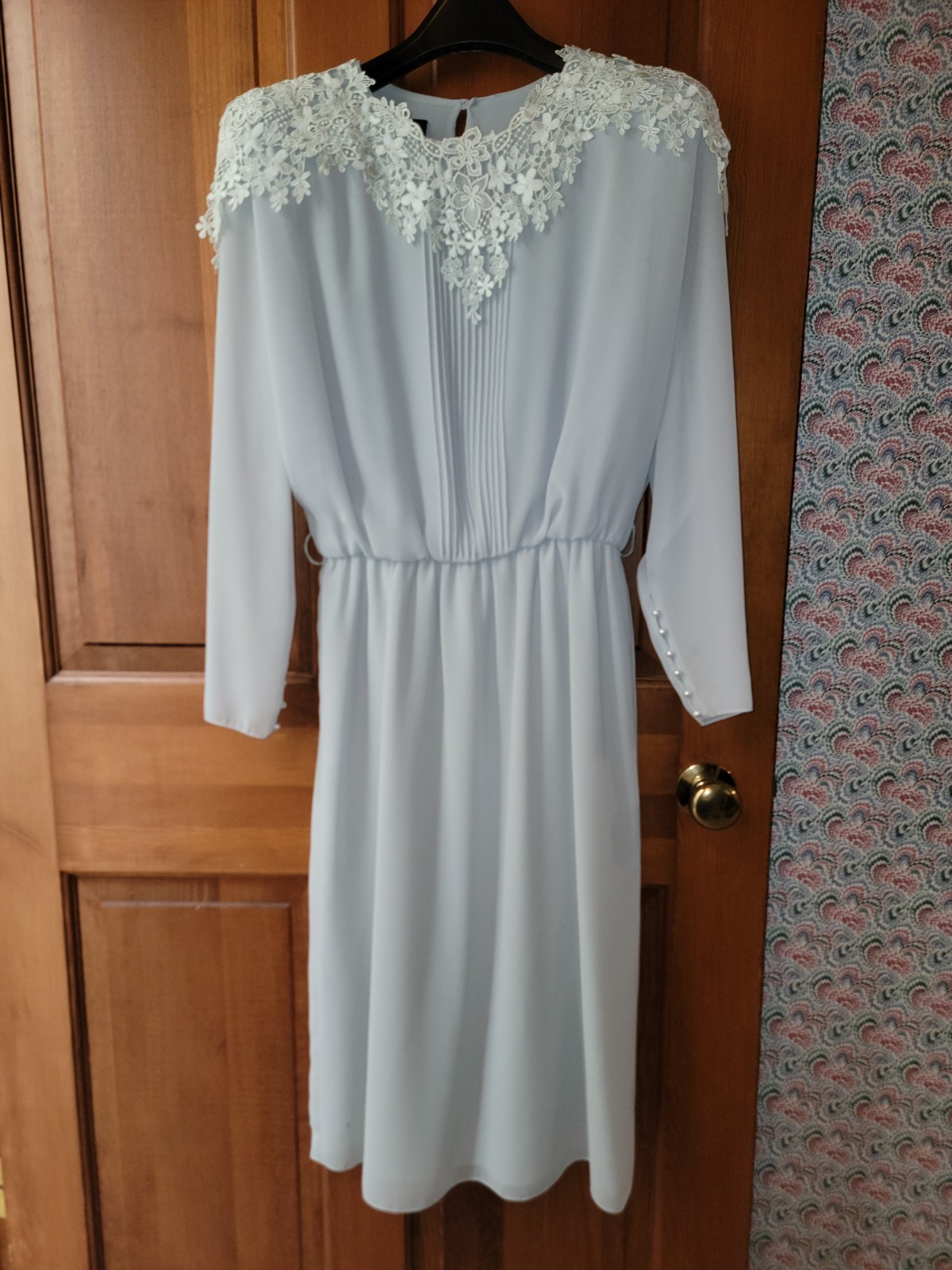 Vintage Ursula of Switzerland Light Blue Lace Dress Pearl Buttons USA Made 13/14
