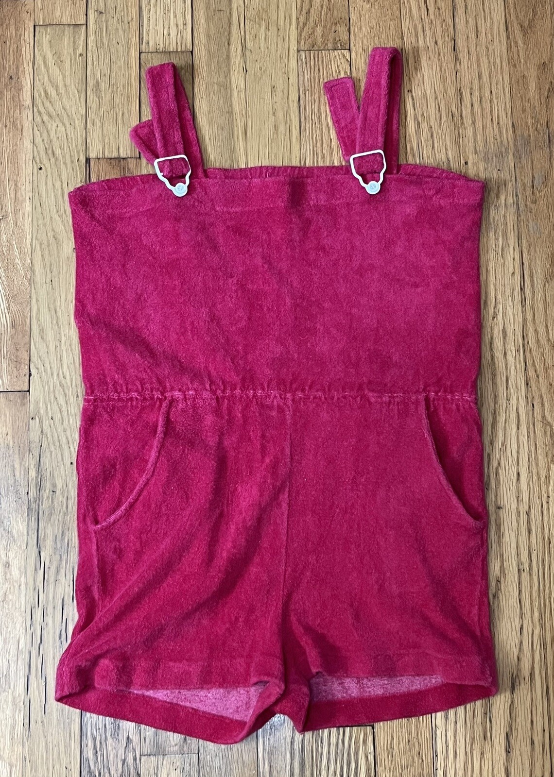 Vintage 80s Women’s Terry Cloth Romper Shortalls Pink Adjustable Straps
